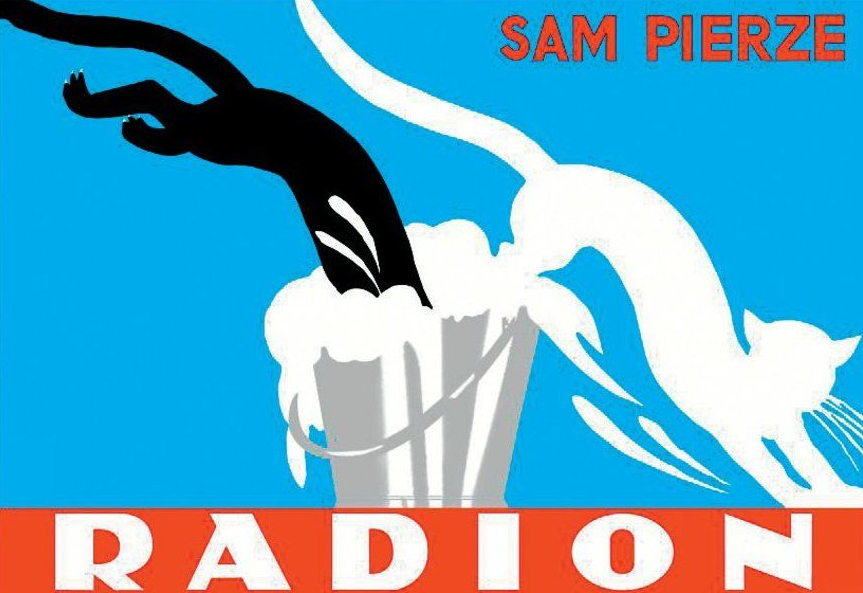 Ilustracja przedstawia czarnego kota, który wpada do wiadra ze spienioną wodą. Następnie z wiadra wyskakuje śnieżnobiały kot. Na górze znajduje się napis: Sam pierze. Na dole jest widoczny napis: Radion.