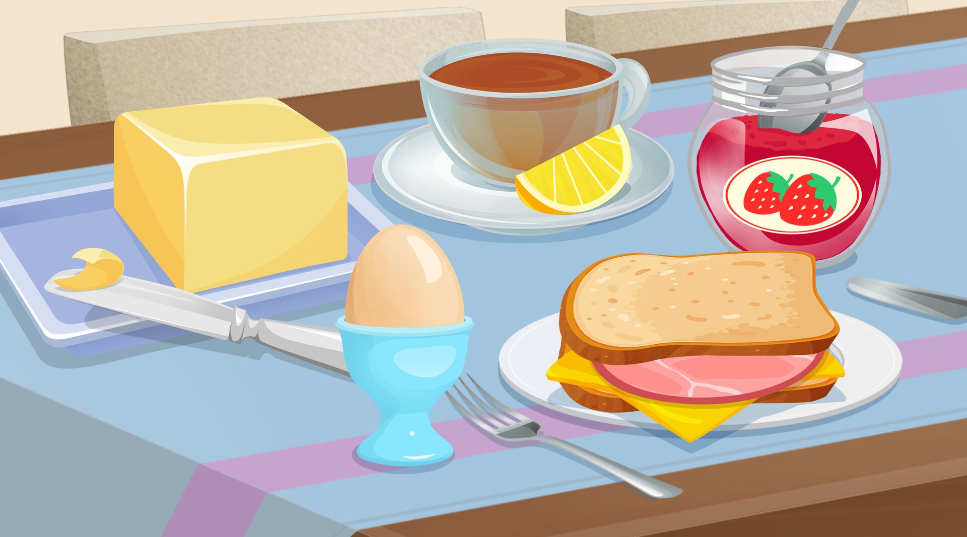 Ilustracja przedstawia stół zastawiony śniadaniem 