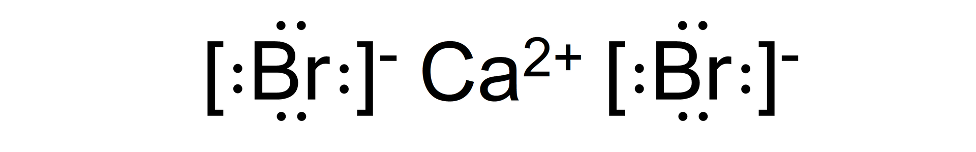Ilustracja przedstawia wzór strukturalny CaBr2. W centralnej części znajduje się kation wapnia Ca2+, który otaczają z prawej i z lewej strony aniony bromkowe przedstawione jako symbol bromu B r, wokół którego zaznaczono cztery wolne pary elektronowe w postaci dwóch kropek każdą. Całość znajduje się w nawiasie kwadratowym, względem którego znajduje się znak minus.