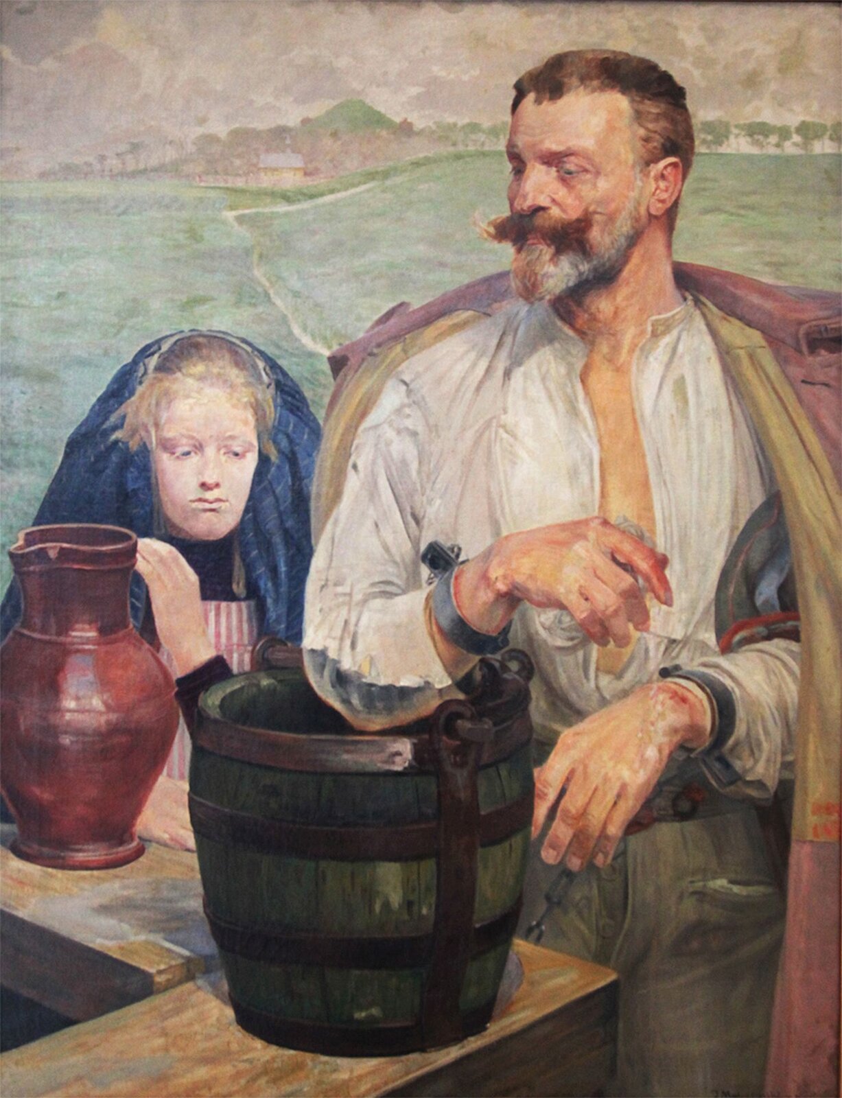 Ilustracja o kształcie pionowego prostokąta przedstawia obraz Jacka Malczewskiego „Zatruta studnia". Ukazuje dwie postacie przy studni. Po lewej stoi dziewczynka w chuście o blond włosach. Przed nią znajduje się dzban. Obok mężczyzna w rozpiętej, białej koszuli spogląda na studnię. Na jego rękach są kajdany. Jest nakryty płaszczem. Przed nim stoi zielona beczka. W dali szeroki pejzaż z droga, za którym na horyzoncie rozciąga się Kopiec Kościuszki.