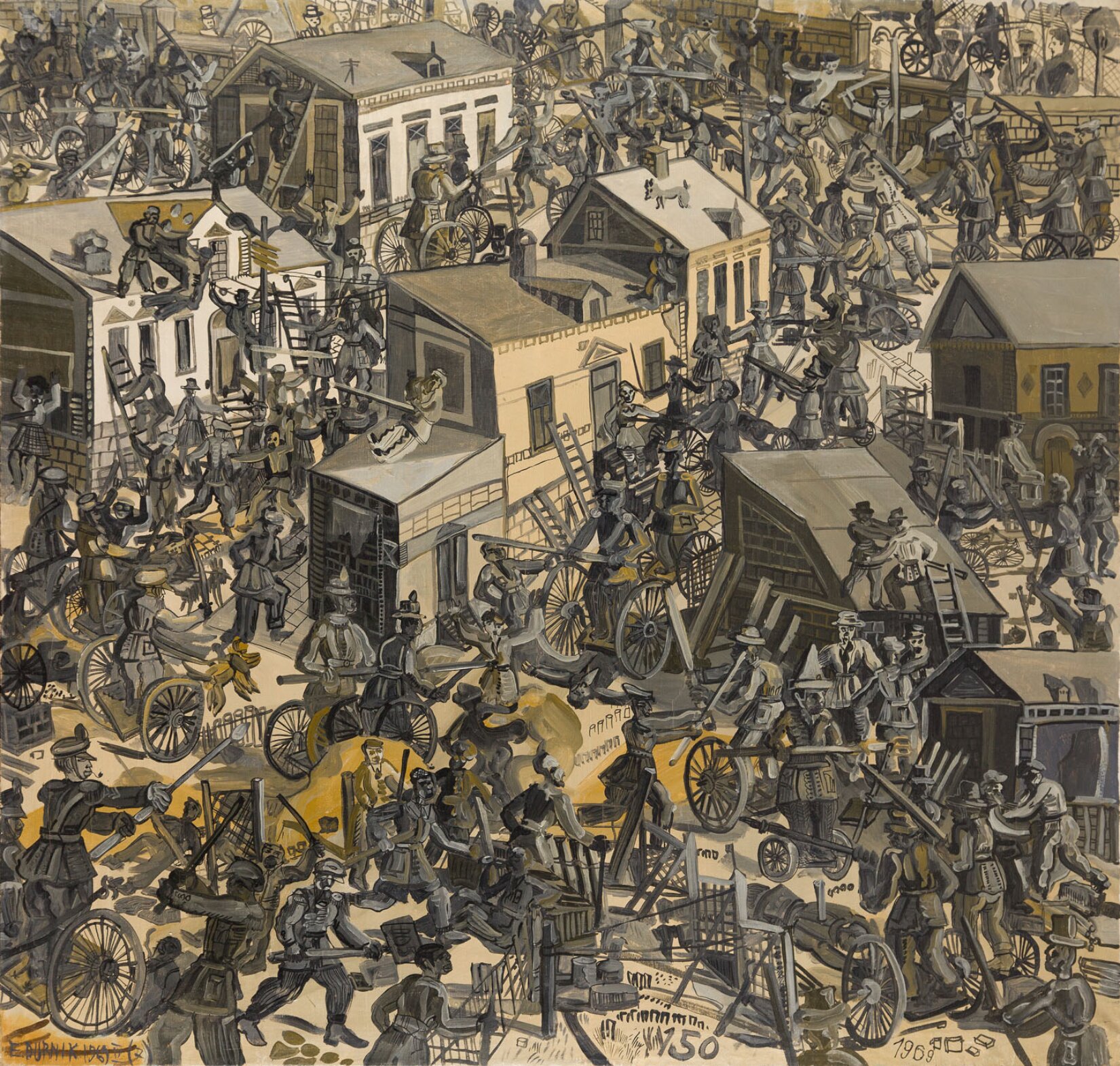 Edward Dwurnik, „Inwazja” z cyklu „Namiętności” Edward Dwurnik, „Inwazja” z cyklu „Namiętności”. Kwadratowy obraz przedstawia nierównomiernie rozmieszczone budynki, usytuowane głównie w centralnej oraz górnej części obrazu oraz jasne podłoże, niemal w całości zasłonięte przez tłum ciemnych, walczących ze sobą postaci z bronią, drabinami oraz wozami. Mężczyźni, w długim odzieniu, ukazani są bardzo blisko siebie - stojący na wozach, na ziemi, wchodzący na budynki oraz stojący na ich dachach. Na obrazie ukazano kilku poległych, z wbitą w ciało bronią. Na jednym z dachów stoi niewielki, szary pies.