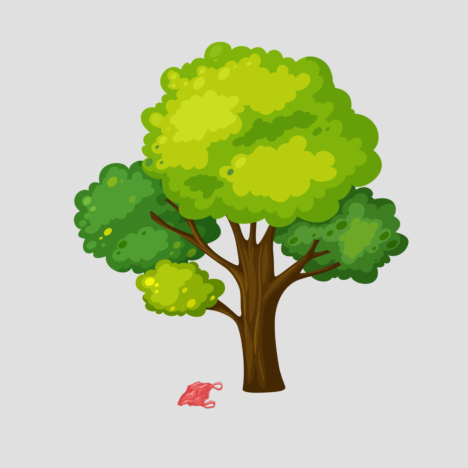 Ilustracja ukazuje drzewo, pod którym leży plastikowa reklamówka. 