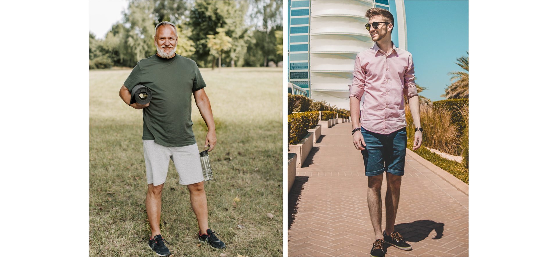 Ilustracja składa się z dwóch zdjęć. Na zdjęciu po lewej widoczny jest nieco tęgi, łysy i dość niski mężczyzna z siwą brodą o imieniu Luigi. Ubrany jest w koszulkę i krótkie spodenki. Na zdjęciu po prawej widoczny jest młody, szczupły, wysoki mężczyzna o imieniu Fabio. Nosi ciemne okulary, ma zadbaną fryzurę. Ubrany jest w koszulę oraz krótkie spodenki.