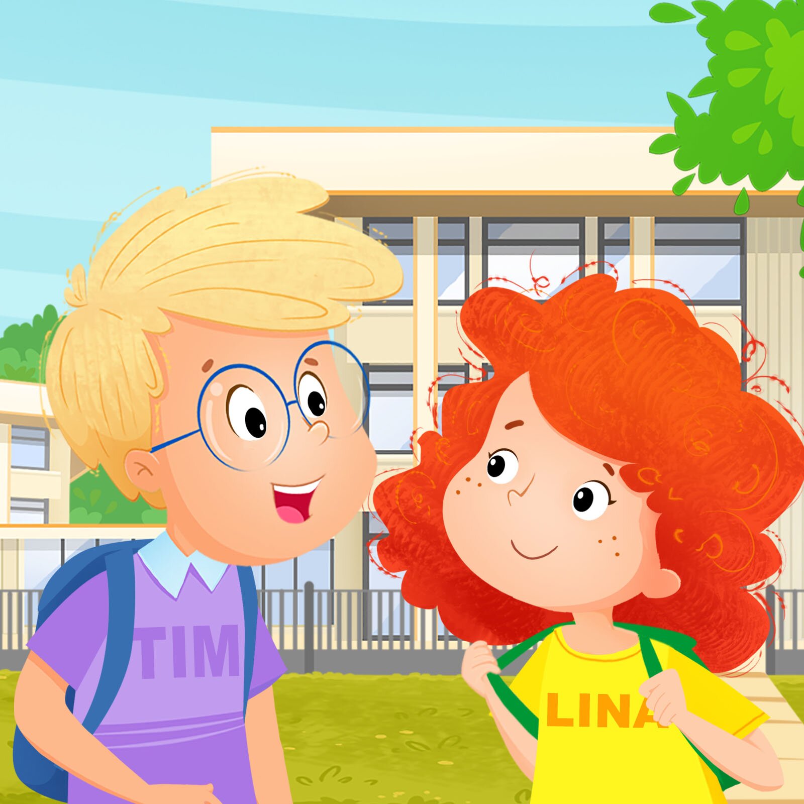 Ilustracja przedstawia jasnowłosego chłopca o imieniu Tim, który rozmawia z rudowłosą dziewczynką o imieniu Lina.