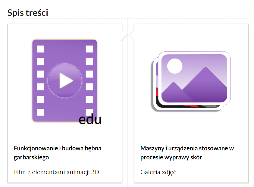 Grafika przedstawia fragment spisu treści, który ma formę prostokątnych ramek, znajdujących się po obu stronach prostej, pionowej linii. Pośrodku lewej ramki znajduje się grafika przedstawiająca fragment kliszy filmowej, na której jest ikona, fioletowego koła z białym trójkątem wewnątrz. W dolnej części grafiki napis: edu. Poniżej tytuł: Funkcjonowanie i budowa bębna garbarskiego. Film z elementami animacji 3D Pośrodku prawej ramki znajduje się schematyczna grafika przedstawiająca zdjęcie krajobrazu. Poniżej tytuł: Maszyny i urządzenia stosowane w procesie wyprawy skór. Galeria zdjęć.