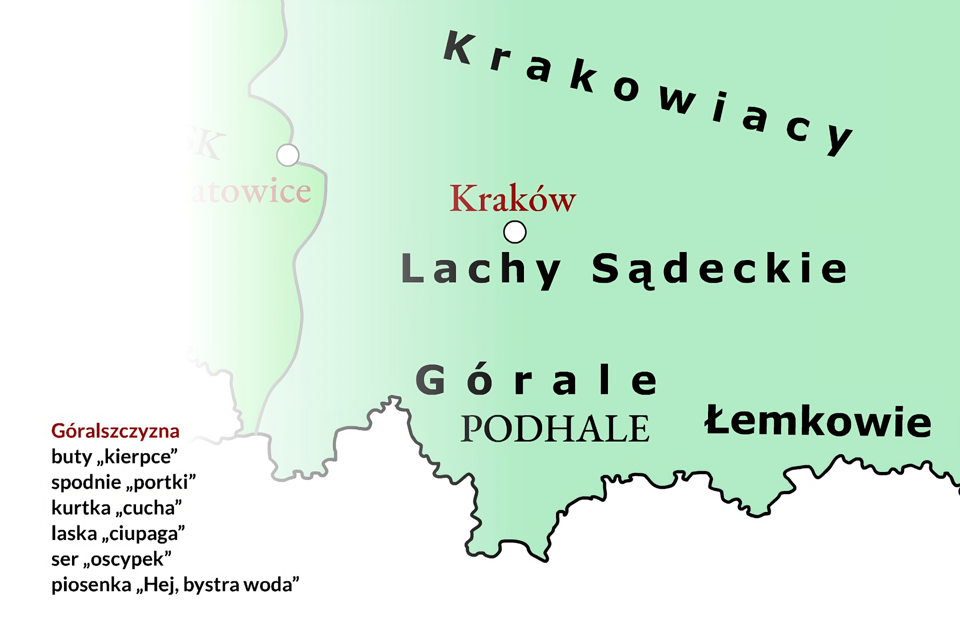 Kliknij, aby powiększyć Ilustracja przedstawia fragment terytorium Polski, określany mianem Góralszczyzny. Na mapie oznaczono następujące tereny: Podhale. Grupy kulturowe: Lachy Sądeckie, Krakowiacy, Górale, Łemkowie. Miasto: Kraków. Napisy w lewej dolnej części slajdu: Góralszczyzna. Przykłady symboli góralszczyzny: buty "kierpce", spodnie "portki", kurtka "cucha", laska "ciupaga", ser "oscypek", piosenka "Hej, bystra woda".
