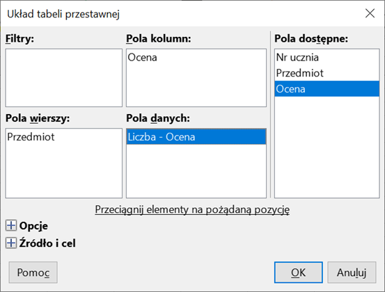 Ilustracja przedstawia okno dialogowe Układ tabeli przestawnej. Jest tu pięć pół: Filtry, Pola kolumn, Pola wierszy, Pola danych, Pola dostępne. W oknie Pola danych zaznaczona jest opcja Liczba – Ocena. W oknie Pola dostępne zaznaczona jest opcja Ocena. Poniżej znajdują się trzy przyciski: Pomoc, OK i Anuluj.