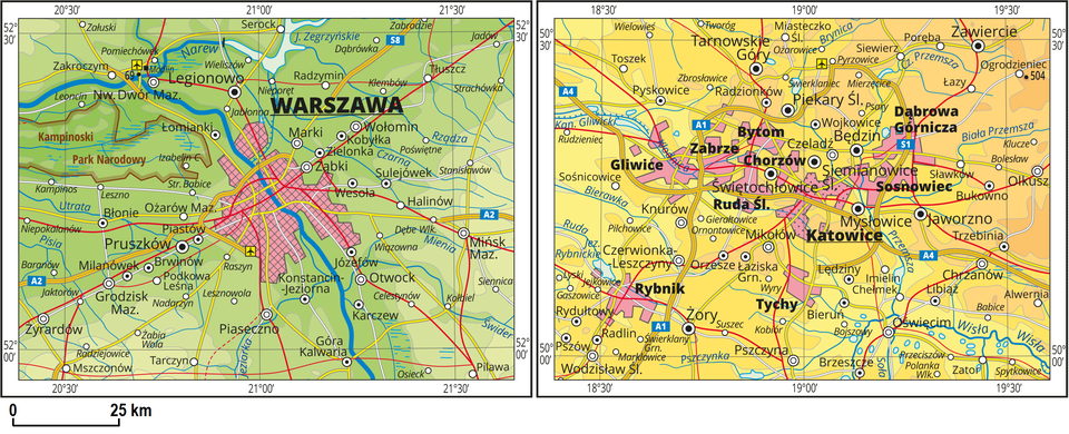 Ilustracja przedstawia dwa fragmenty mapy topograficznej Polski po lewej stronie z centralnie umieszczoną w środku mapy Warszawą. Mapa przedstawia aglomerację warszawską z wyraźnie dominującym ośrodkiem centralnym. Warszawa przedstawiona jest w formie rozległej sygnatury. Na zachodzie znajduje się Kampinoski Park Narodowy. Dookoła Warszawy kropkami zaznaczono pozostałe miasta. Na mapie znajdują się oznaczenia dróg (czerwone i żółte linie), a także rzek (niebieskie linie). Na północ od Warszawy zaznaczone jest Jezioro Zegrzyńskie. Na drugim fragmencie mapy, po prawej stronie w centrum jest aglomeracja policentryczna złożona z kilku równorzędnych miast położonych blisko siebie. Miasta połączone rozbudowaną sieci komunikacyjną. Na mapie między innymi: Gliwice, Zabrze, Chorzów, Bytom, Ruda Śląska, Katowice, Sosnowiec, Dąbrowa Górnicza. Na mapie znajdują się oznaczenia dróg (czerwone i żółte linie), a także rzek (niebieskie linie) i jezior.