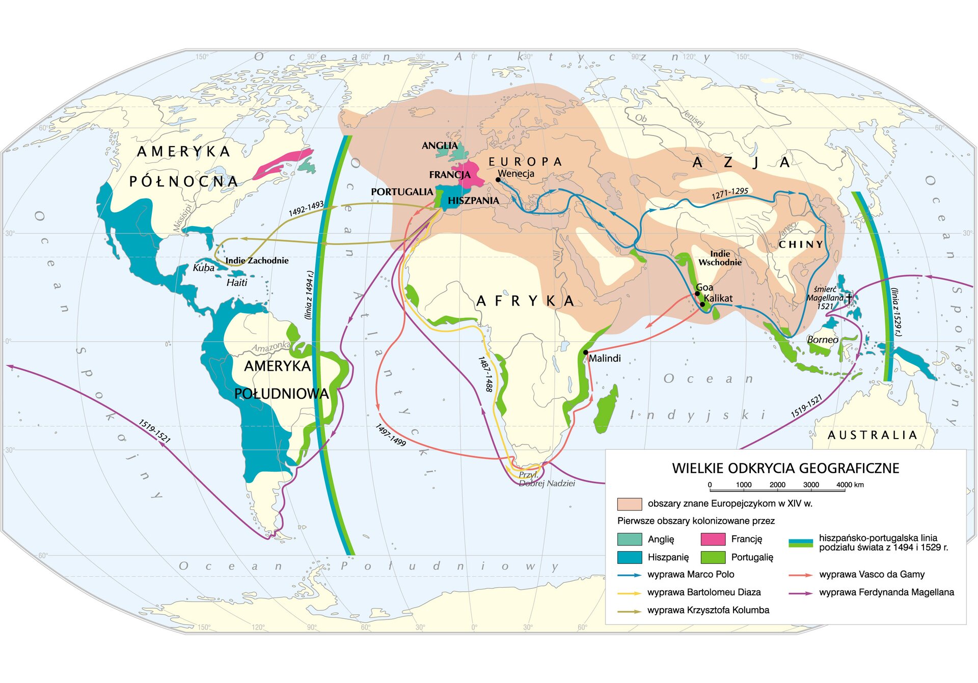 Grafika mapy przedstawiającej Wielkie odkrycia geograficzne.