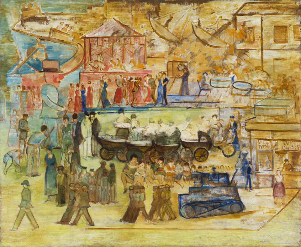 Obraz przedstawia scenę z życia miejskiego. Na pierwszym tle widoczny jest pochód żołnierzy. Na dalszym planie widoczna jest grupka kobiet z wózkami dla dzieci, wystawy sklepowe, kawiarnia, parkiet, na którym tańczy kilka par. Dalej widoczna jest karuzela cyrkowa z konikami, na których siedzą dzieci, w tle, na wodzie płyną łodzie. Obraz narysowany jest prostą kreską, barwy stopniowo przechodzą od brązowego, w ciemną zieleń, niebieski, czerwony i żółty. 