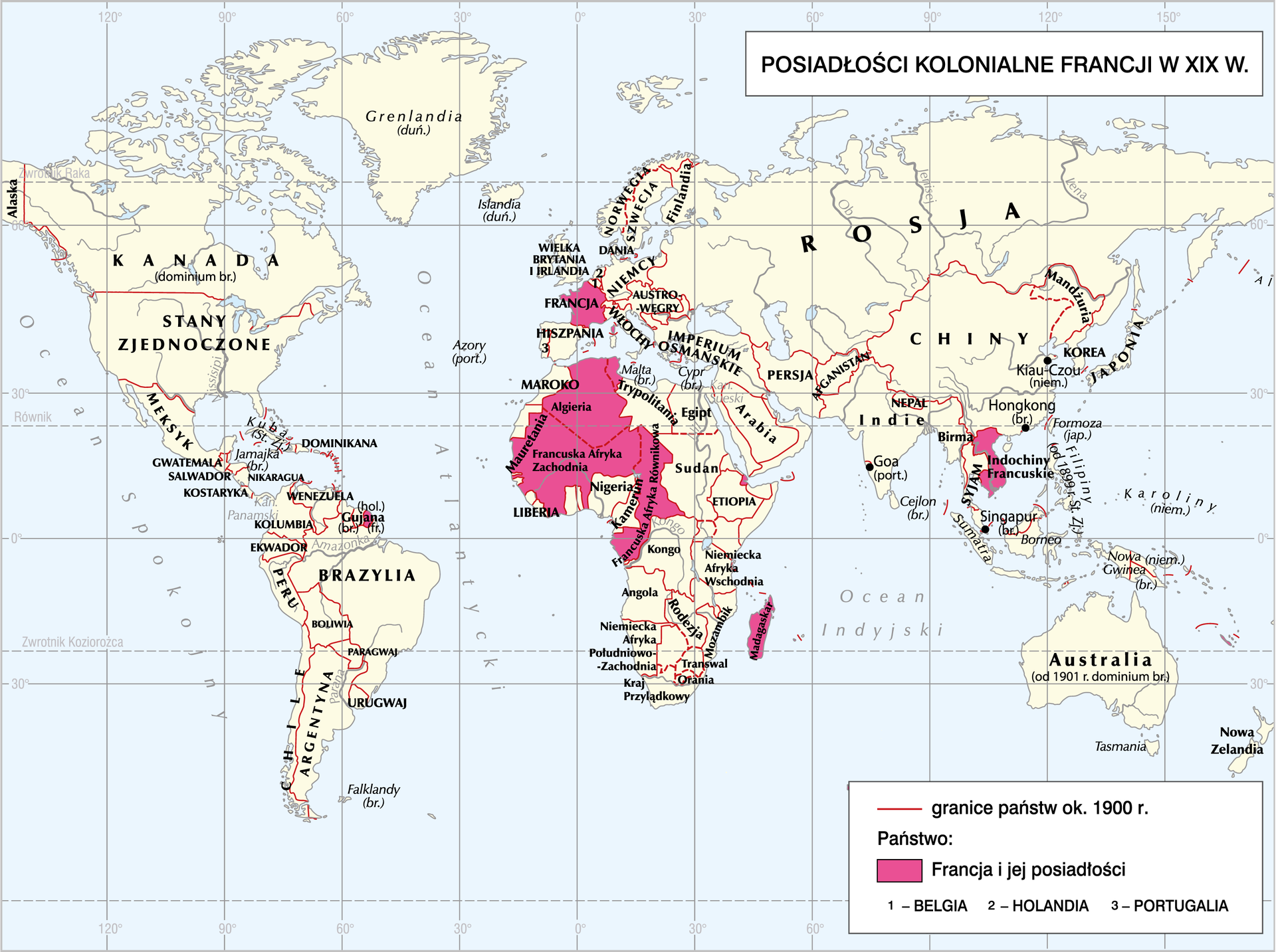 Mapa przedstawiająca posiadłości kolonialne Francji; zaznaczono terytoria Afryki Zachodniej.Madagaskar i Indochiny.