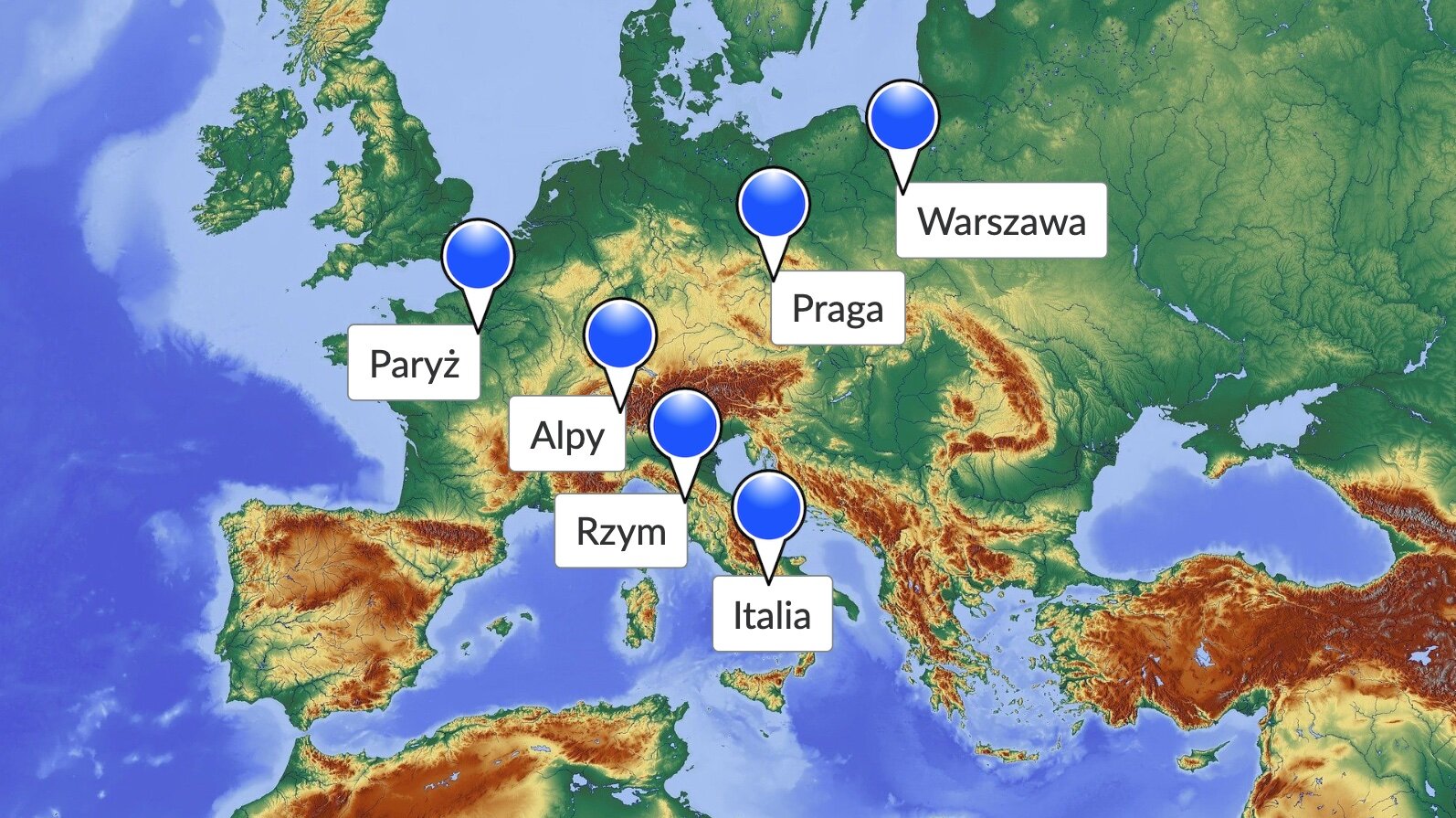 Ilustracja przedstawia fizyczną mapę Europy, na którą zostało naniesionych sześć niebieskich znaczników oraz pojawiające się w wierszu nazwy geograficzne: Italia, Rzym, Paryż, Praga, Warszawa, Alpy.