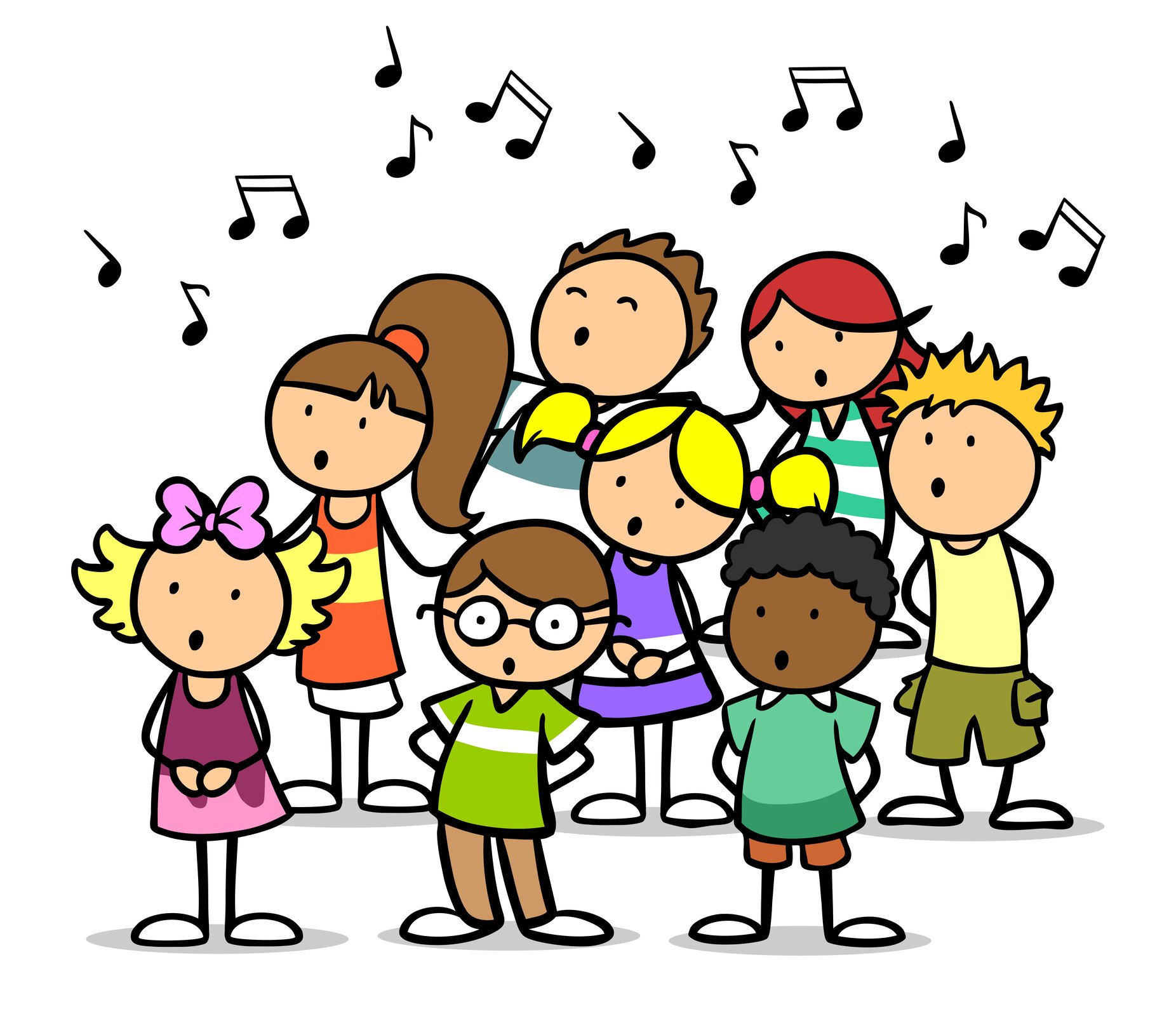 Ilustracja przedstawia chór dziecięcy. Z przodu stoi troje dzieci - dziewczynka w różowej sukience, chłopiec w okularach i czarnoskóry chłopiec. Z tyłu widać kolejne trzy dziewczynki, oraz dwójkę chłopców. Nad dziećmi unoszą się nuty, co symbolizuje śpiew.