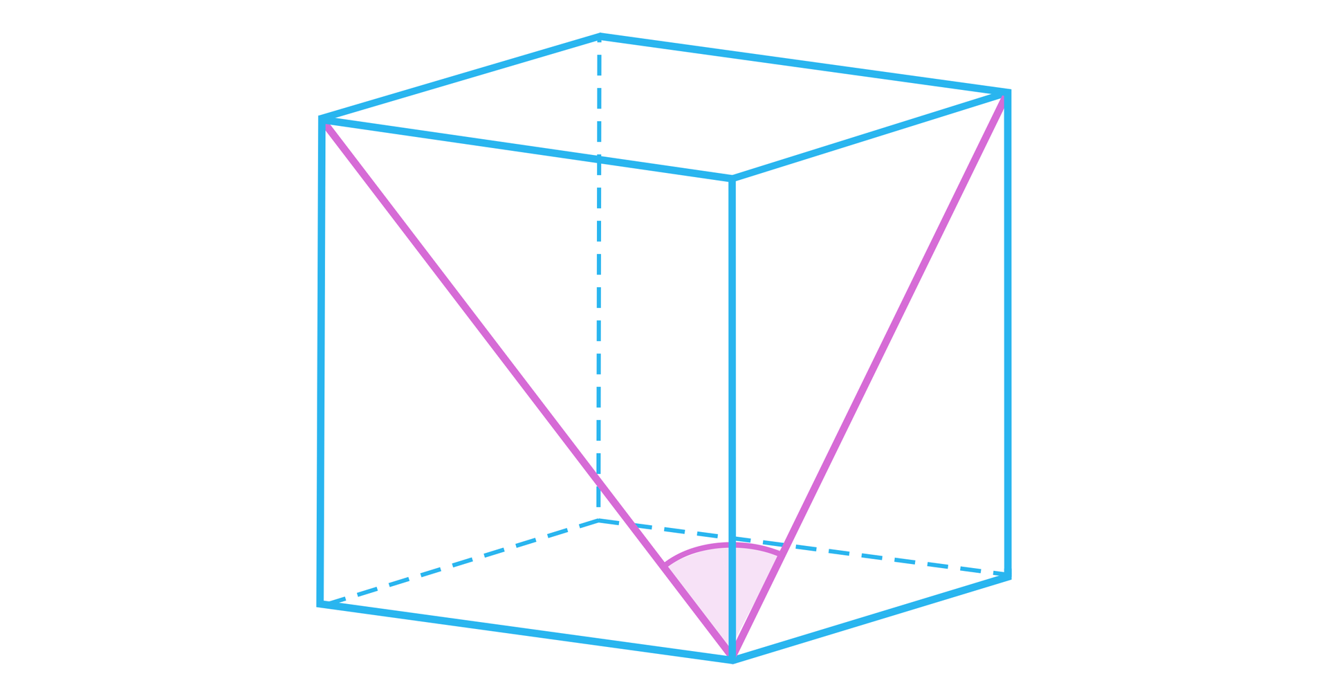 Ilustracja przedstawiająca sześcian. Zaznaczono na nim przekątne sąsiadujących ścian bocznych. Tworzą one między sobą pewien kąt. Wychodzą ze wspólnego wierzchołka.