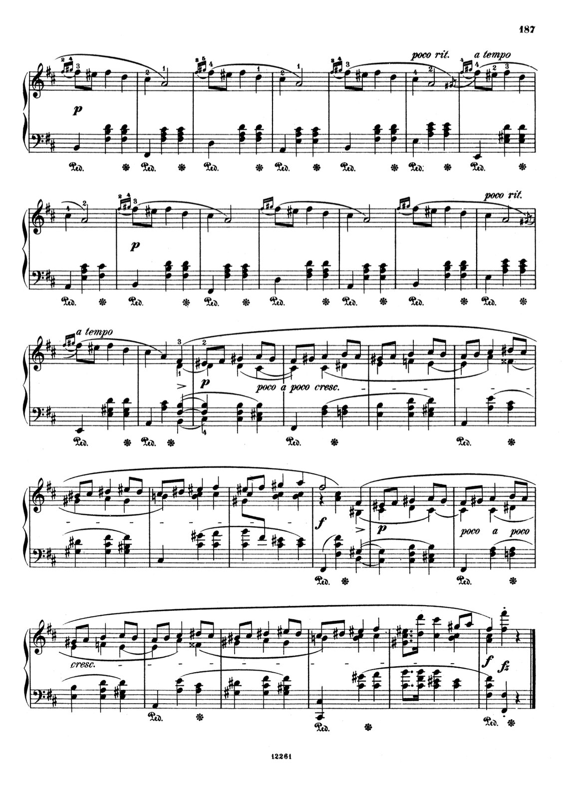 Ilustracja przedstawia zapis nutowy składający się z kilku pięciolinii, na których umieszczone są zapisy określonych znaków muzycznych utworu: F. Chopin – „Mazurek h-moll” op. 30 nr 2, takty 33–48.