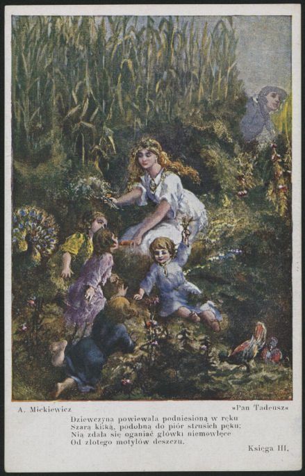 Pocztówka przedstawia scenę rodzajową. Na polu znajduje się piękna, jasnowłosa dziewczyna. Wokół niej zgromadzona jest grupka czworga dzieci. Dzieci bawią się ze sobą. Dziewczyna trzyma w prawej dłoni pęk łąkowych kwiatów. W pobliżu grupki widać barwne ptaki. Na drugim planie, zza pola kukurydzy wyłania się postać młodego mężczyzny. Sprawia on wrażenie, jakby kogoś szukał. Pod ilustracją znajduje się podpis: Adam Mickiewicz "Pan Tadeusz": "Dziewczyna powiewała podniesioną w ręku / Szarą kitką, podobną do piór strusich pęku; / Nią zdała się oganiać główki niemowlęce / Od złotego motylów deszczu". Księga III.
