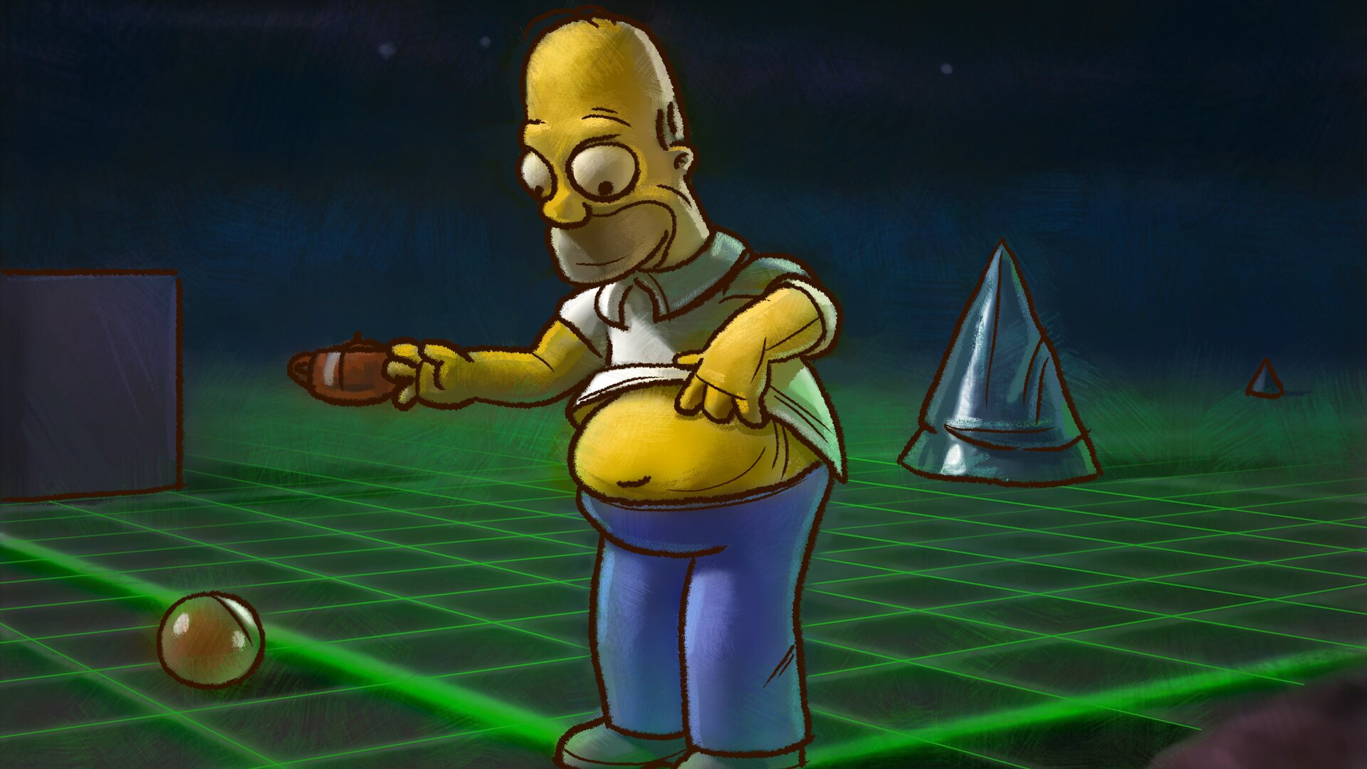 Ilustracja przedstawia rysunkową postać Homera Simpsona o żółtej skórze, dużej, pociągłej twarzy, krępej budowie ciała oraz dużych, wyłupiastych oczach. Postać ta ma krótki zarost i głowę pokrytą łysiną. Ubrana jest w podwiniętą powyżej brzucha szarą koszulkę, niebieskie spodnie i szare buty. Spogląda na swój wystający brzuch, w prawej dłoni trzymając mały, brązowy czajnik.  Tło oraz pierwszy plan stanowi szara podłoga z zielonymi liniami tworzącymi kwadraty. Leży na niej niewielka piłka, znajdująca się na lewo od postaci, a za postacią znajdują się szary prostopadłościan oraz dwa stożki o nieregularnej strukturze, a także nocne niebo. 