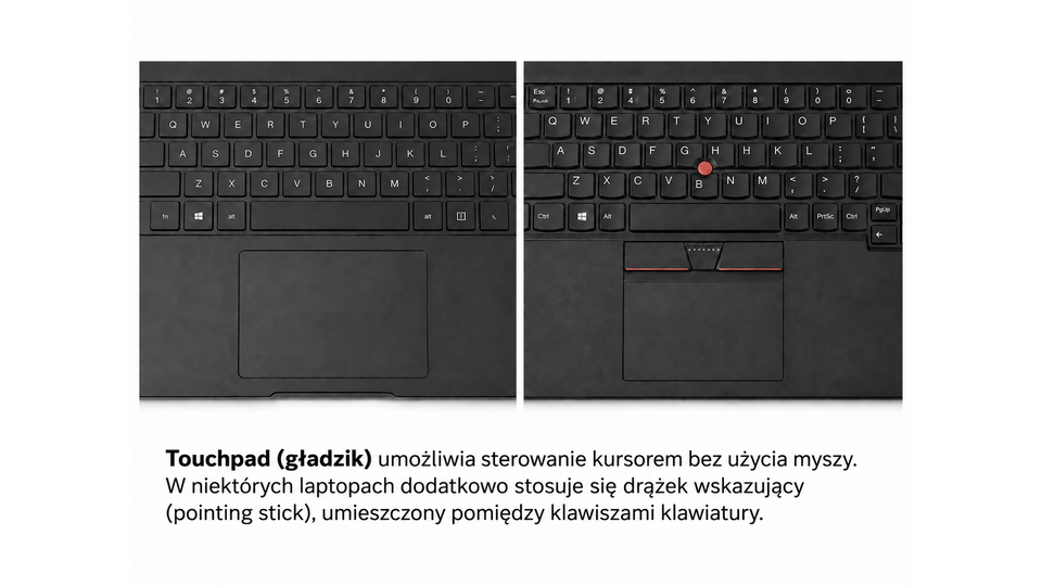 Fotografia dwóch paneli dotykowych (touchpadów) pełniący funkcję myszy w laptopach. Pod fotografią znajduje się tekst "Touchpad (gładzik) umożliwia sterowanie kursorem bez użycia myszy. W niektórych laptopach dodatkowo stosuje się drążek wskazujący (pointing stick), umieszczony pomiędzy klawiszami klawiatury.".