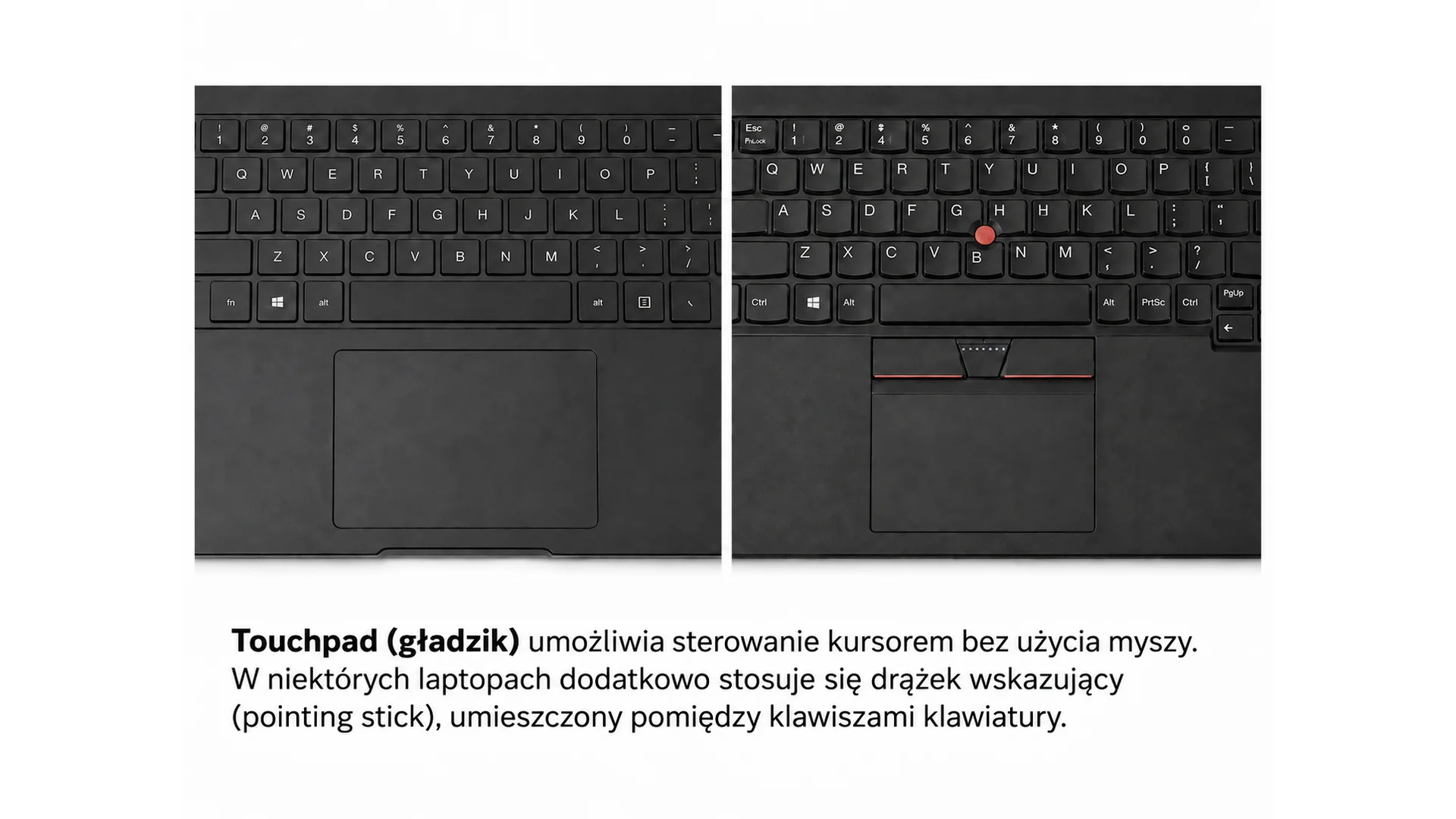Fotografia dwóch paneli dotykowych (touchpadów) pełniący funkcję myszy w laptopach. Pod fotografią znajduje się tekst "Touchpad (gładzik) umożliwia sterowanie kursorem bez użycia myszy. W niektórych laptopach dodatkowo stosuje się drążek wskazujący (pointing stick), umieszczony pomiędzy klawiszami klawiatury.".