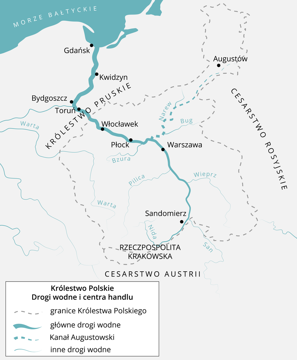 Mapa przedstawia Królestwo Polskie z drogami wodnymi i centrami handlu. Przez Polskę biegnie główna droga wodna, czyli Wisła przez Sandomierz, Warszawę, Płock, Włocławek, Toruń, Bydgoszcz, Kwidzyn i Gdańsk. Od Wisły odchodzą inne drogi wodne, są to: Nida, San, Pilica, Wieprz, Bug, Bzura. Osobno Warta. Zaznaczony jest Kanał Augustowski, który prowadzi od Wisły w punkcie między Płockiem a Warszawą do Augustowa. 
