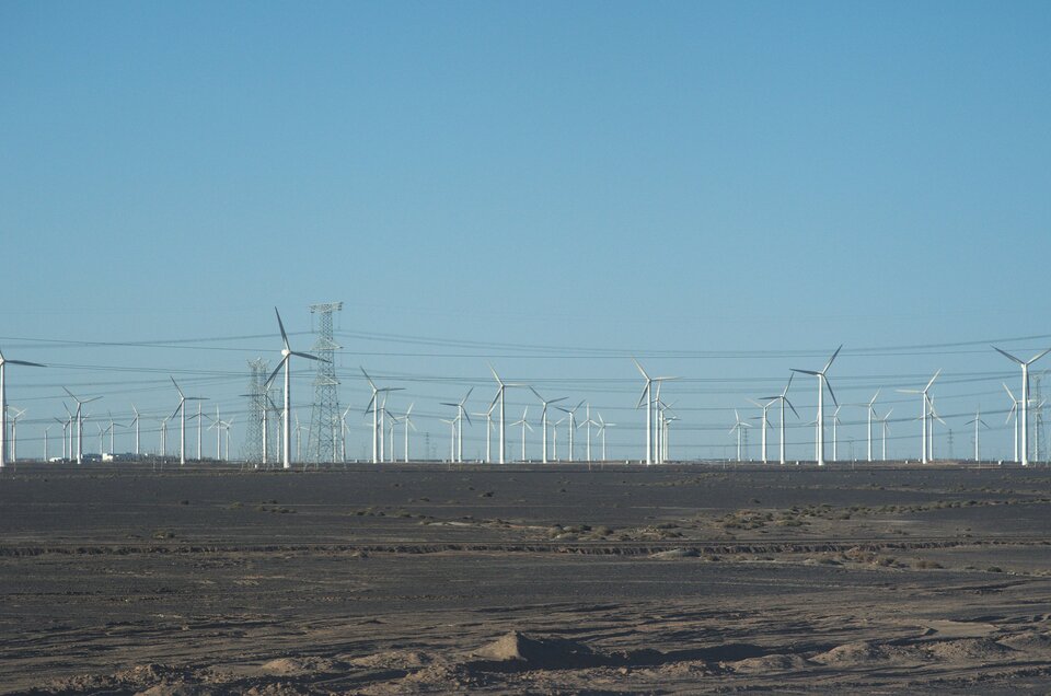 Zdjęcie ukazuje liczne turbiny wiatrowe. Są zlokalizowane na płaskim terenie. 