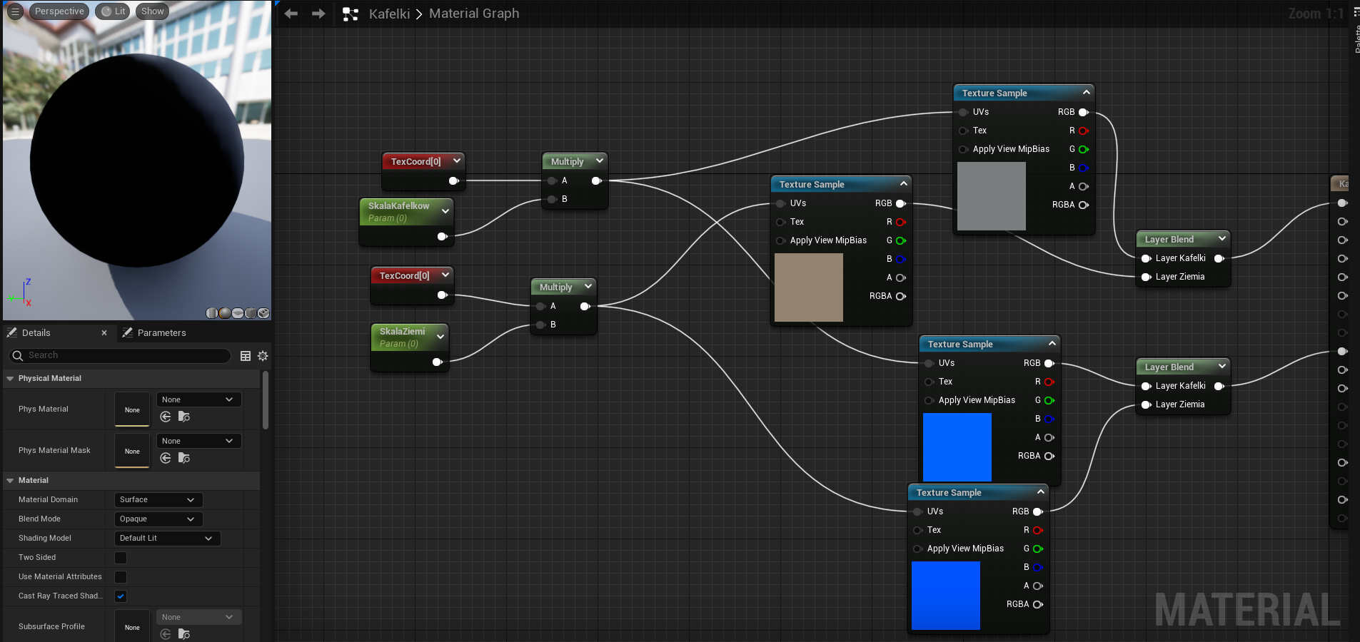 Ilustracja przedstawia zrzut ekranu - panel programu  Unreal Engine . W centralnej części znajduje się czarna przestrzeń w jasnoszarą, drobną kratkę. Pośrodku tej przestrzeni widoczna jest lista z tytułem  Layer Blend  i opcjami:  Layer  Kafelki i  Layer  Ziemia. Pod spodem znajduje się taka sama, prostokątna lista z tytułem  Layer Blend  i opcjami:  Layer  Kafelki i  Layer  Ziemia. Pierwsza lista z tytułem  Layer Blend  połączona jest dwiema liniami z kolejnym polem zatytułowanym  Texture Sample  i z opcjami:  UVs, Tex, Apply View MipBias, RGB, R, G, B, RGBA  i kwadratem z szarą powierzchnią – znajdująca się w nim pozycja  Layer  Kafelki połączona jest z opcją  RGB z okna  Texture Sample . Obok znajduje się drugie pole zatytułowane  Texture Sample  i z opcjami:  UVs, Tex, Apply View MipBias, RGB, R, G, B, RGBA  i kwadratem z brązową powierzchnią – opcja  Layer  Ziemia z pierwszego okna  Layer Blend  połączona jest z opcją  RGB z drugiego okna  Texture Sample . Poniżej znajduje się trzecia lista z tytułem  Texture Sample  i z opcjami:  UVs, Tex, Apply View MipBias, RGB, R, G, B, RGBA  i kwadratem z niebieską powierzchnią w białą kratkę – znajdująca się w drugim oknie  Layer Blend  pozycja pozycja  Layer  Kafelki połączona jest z opcją  RGB  z tego okna. Poniżej znajduje się czwarte pole zatytułowane  Texture Sample  i z opcjami:  UVs, Tex, Apply View MipBias, RGB, R, G, B, RGBA  i kwadratem z niebieską powierzchnią i szarymi oraz fioletowymi liniami – opcja  Layer  Ziemia z drugiego okna  Layer Blend  połączona jest z opcją  RGB z czwartego okna  Texture Sample . Od pierwszej opcji w pierwszym od góry oknie   Texture Sample  biegnie linia do pierwszego okna zatytułowanego  Multiply  z opcjami A i B – od opcji  UVs  biegnie linia do opcji A. Od pierwszej opcji w drugim od góry oknie   Texture Sample  biegnie linia do drugiego okna zatytułowanego  Multiply  z opcjami A i B – od opcji  UVs  biegnie linia do opcji A. Od pierwszej opcji w trzecim od góry oknie   Texture Sample  biegnie linia do pierwszego okna zatytułowanego  Multiply  z opcjami A i B – od opcji  UVs biegnie linia do opcji A. Od pierwszej opcji w czwartym od góry oknie   Texture Sample  biegnie linia do drugiego okna zatytułowanego  Multiply  z opcjami A i B – od opcji  UVs  biegnie linia do opcji A. Od pierwszego okna zatytułowanego  Multiply  z opcjami A i B biegnie linia do pierwszego okna  TexCoord [0] – jest ono połączone z opcją A; od tego okna biegnie również linia do pierwszego okna SkalaKafelkow Param (0) – jest ono połączone z opcją B. Od drugiego okna zatytułowanego  Multiply  z opcjami A i B biegnie linia do drugiego okna  TexCoord [0] – jest ono połączone z opcją A; od tego okna biegnie również linia do drugiego okna SkalaKafelkow Param (0) – jest ono połączone z opcją B. Z lewej strony znajduje się menu programu, poczynając od góry: grafika z umiejscowioną na dziedzińcu zabudowanym z dwóch stron matową, czarną kulą, poniżej dwie zakładki:  Details  i  Parameters  i okienko z napisem:  Search . Poniżej, w kolejnych linijkach znajdują się grupy opcji menu: pierwsza z nich to  Physical Materials  z opcjami:  Phys Material: None, Phys Material Mask: None ; druga z nich to:  Material  z opcjami:  Material Domain: Surface, Blend Mode: Opaque, Shading Model: Default Lit , odznaczonymi dwoma opcjami:  Two sided, Use Material Attributes , zaznaczoną opcją:  Cast Ray Traced Shading  oraz  Subsurface Profile: None . Z lewej strony znajduje się menu programu, poczynając od góry: grafika z umiejscowioną na dziedzińcu zabudowanym z dwóch stron matową, czarną kulą, poniżej dwie zakładki:  Details  i  Parameters  i okienko z napisem:  Search . Poniżej, w kolejnych linijkach znajdują się grupy opcji menu: pierwsza z nich to  Physical Materials  z opcjami:  Phys Material: None, Phys Material Mask: None ; druga z nich to:  Material  z opcjami:  Material Domain: Surface, Blend Mode: Opaque, Shading Model: Default Lit , odznaczonymi dwoma opcjami:  Two sided, Use Material Attributes , zaznaczoną opcją:  Cast Ray Traced Shading  oraz  Subsurface Profile: None .