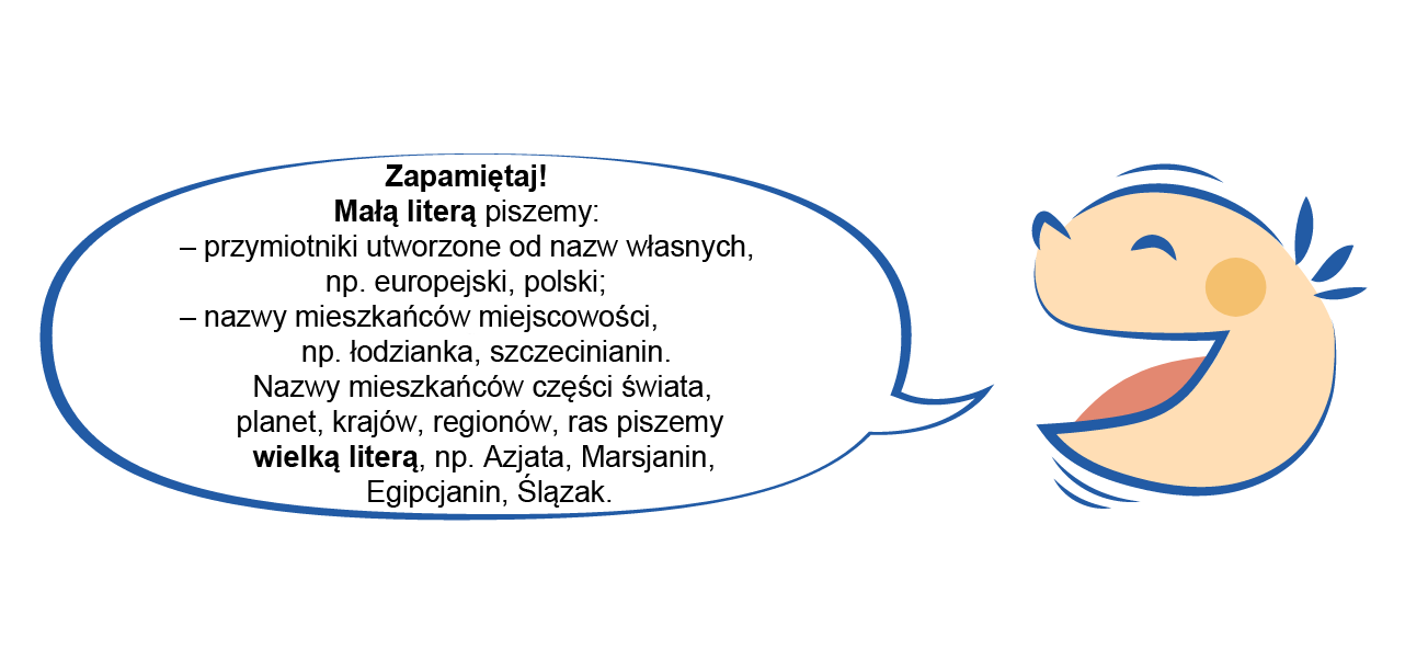 Ilustracja przedstawiająca po prawej stronie uśmiechniętą buzię dziecka z zadartym noskiem i z rumieńcami. Na lewo od niej informacje w dymku: Zapamiętaj! Małą literą piszemy: - przymiotniki utworzone od nazw własnych, np. europejski, polski; - nazwy mieszkańców miejscowości, np. łodzianka, szczecinianin. Nazwy mieszkańców części świata, planet, krajów, regionów, ras piszemy wielką literą, np. Azjata, Marsjanin, Egipcjanin, Ślązak.