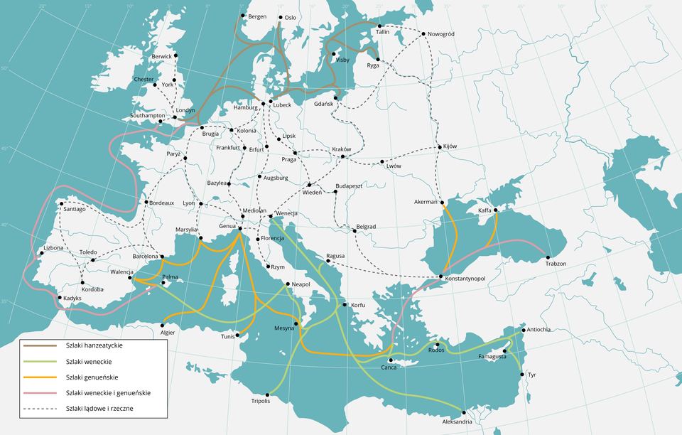 Ilustracja przedstawia mapę konturową Europy, częściowo Azji i północnych wybrzeży Afryki, na której zaznaczono średniowieczne szlaki handlowe - głównie morskie: basen Morza Bałtyckiego i Morza Północnego, Zatoka Baskijska, wschodnie wybrzeża Oceanu Atlantyckiego oraz basen Morza Śródziemnego i Morza Czarnego. Na północy szlaki hanzeatyckie z miast Tallin (Estonia) i Ryga (Łotwa) do Wisba (na wyspie Gotland), dalej do Gdańska, Lubecki i Hamburga (Niemcy), a stamtąd do Oslo i Bergen (Norwegia), dalej do Brugii (Belgia) i Londynu. Szlaki weneckie prowadziły: z Wenecji, do Ragusa (Włochy), dalej na Korfu, a stamtąd jeden szlak prowadził na wschód: do miast Canca (Kreta), Rodos (Rodos) i Famagusta (Cypr) i dalej do Antiochii (Syria) i Tyru (Izrael) oraz do Aleksandrii (Egipt), drugi szlak prowadził na zachód: do Trypolisu (Libia) oraz Neapolu (Włochy) i dalej na zachód do Palma (Majorka). Szlaki genueńskie prowadziły: z Genua (Włochy) do Tunisu (Tunezja) i Algieru (Algieria) oraz do Marsylii (Francja), Barcelony i Walencji (Hiszpania). Szlaki weneckie i genueńskie prowadziły z Brugii (Belgia) i Southampton (Anglia) do Lizbony i Kadyksu (Portugalia) i dalej na Majorkę. Poza handlowymi szlakami morskimi w średniowieczu było także szereg szlaków lądowych i rzecznych, które łączyły główne miasta Europy, takie jak: Nowogród, Tallin, Ryga, Kijów, Akerman, Lwów, Kraków, Gdańsk, Lubecka, Lipsk, Praga, Hamburg, Kolonia, Brugia, Frankfurt, Erfurt, Augsburg, Bazylea, Wiedeń, Budapeszt, Belgrad, Ragusa, Konstantynopol oraz Wenecja, Mediolan, Florencja, Rzym, Genua, Marsylia, Lyon, Paryż, Bordeaux, Barcelona, Santiago, Toledo i Kordoba.  