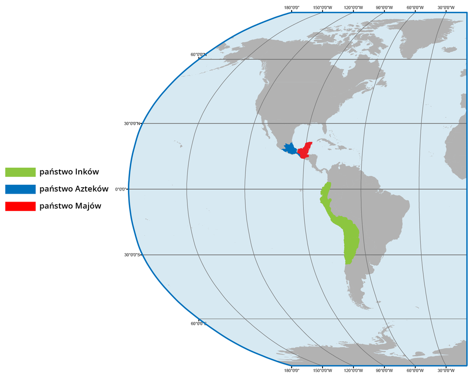 Na mapie Ameryk zaznaczono państwo Inków, Azteków i Majów. Państwo Majów obejmuje tereny dzisiejszego Peru, Ekwadoru oraz częściowo Boliwii, Chile, Kolumbii i Argentyny. Państwo Majów obejmowało południową część Meksyku, Gwatemalę, państwo Azteków południową część Meksyku. 