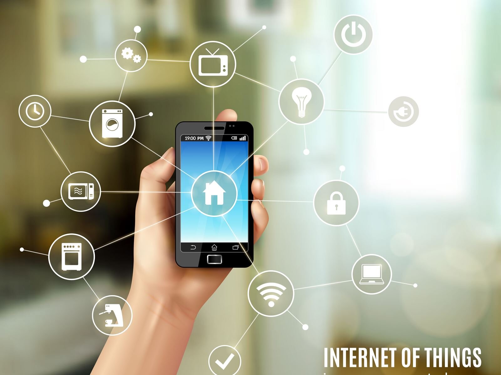 Ilustracja przedstawia lewą dłoń trzymającą telefon typu smartfon. Na ekranie telefonu widoczna jest okrągła ikona z przedstawieniem domu. Z ikony domu wychodzą poza telefon linie z wpisanymi ikonami tworzącymi schemat połączeń domowych urządzeń. Widoczne są ikony: ekspresu do kawy, piekarnika, mikrofalówki, zegara, pralki, telewizora, żarówki, gniazdka, kłódki, Wi‑Fi, laptopa. W prawym dolnym rogu widoczny jest napis w języku angielskim:  INTERNET OF THINGS.