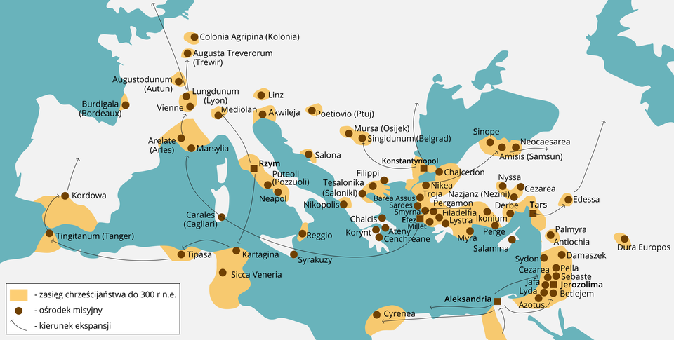 Mapa Europy przedstawia zasięg chrześcijaństwa do 300 roku naszej ery. Zaznaczone są miasta, w których zapoczątkowano tą religię: Rzym, Konstantynopol, Efez, Aleksandria, Tars i Jerozolima oraz ośrodki misyjne, do których dotarło chrześcijaństwo: Kordowa, Tingitanum (Tanger), Tipasa, Kartagina, Sicca Venera, Burdigala (Bordeaux), Colonia Agripina (Colonia), Augusta Treverorum (Trewir), Augustodunum (Autun), Lungdunum (Lyon), Vienne, Arelate (Arles), Mediolan, Marsylia, Linz, Akwileja, Carales (Cagliari), Puteoli (Pozzuoli), Neapol, Reggio, Syrakuzy, Poetiovio (Ptuj), Salona, Nikopolis, Tesalonika (Saloniki), Filippi, Mursa (Osijek), Singidunum (Belgrad), Chalcis, Korynt,  Ateny, Cenchreane, Chalcedon, Nikea, Troja, Barea Assus, Sardes, Smyrna, Millet, Pergamon, Filadelfia, Lystra, Myra, Nazjanz (Nezini), Sinope, Amisis (Samsun), Neocaesarea, Nyssa, Ikonium, Perge, Derbe, CezareaSalamina, Edessa, Palmyra, Antiochia, Damaszek, Dura Europos, Sydon, Pella, Cezarea, Sebaste, Jafa, Lyda, Betlejem, Azotus i Cyrenea.