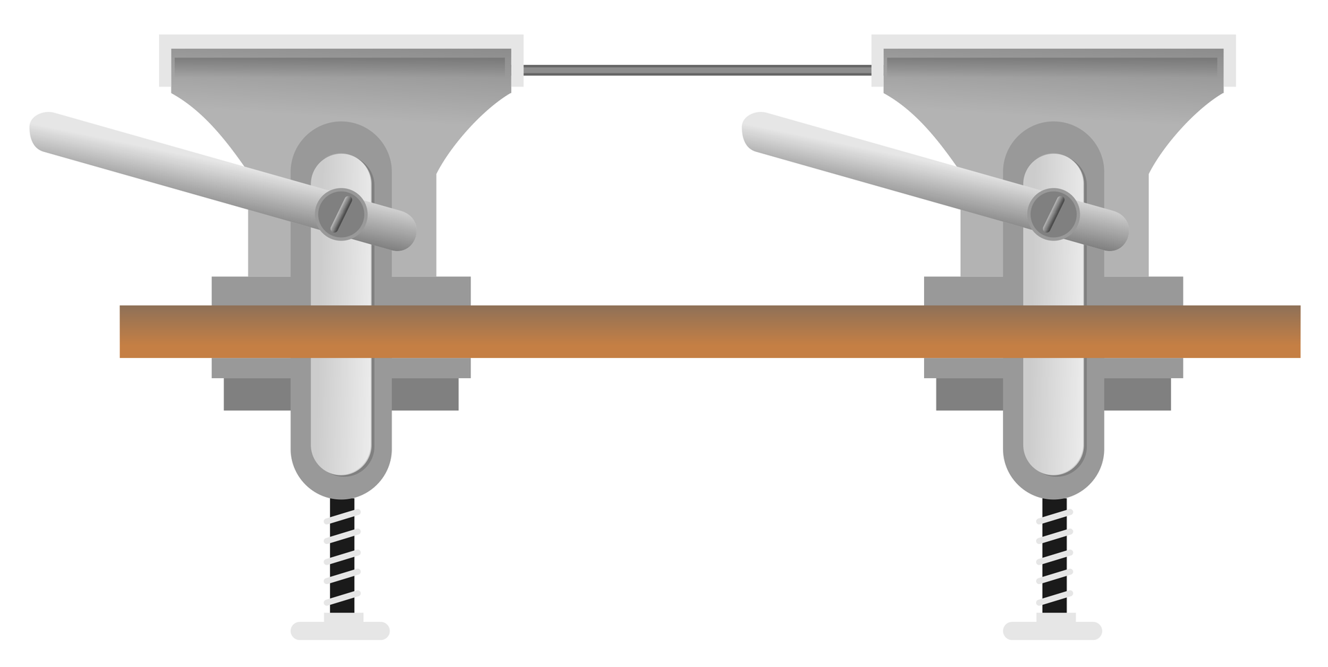 Ilustracja przedstawia dwa imadła przykręcone do poziomego blatu stołu. Białe tło. Każde imadło ma kształt szarej pionowej bryły rozszerzającej się ku górze. Na dole tej bryły widoczny pręt z zaznaczoną linią śrubową. Na środku bryły widoczny pręt ze śrubą przytwierdzającą go do bryły. W każdym zakleszczony jeden z końców struny.