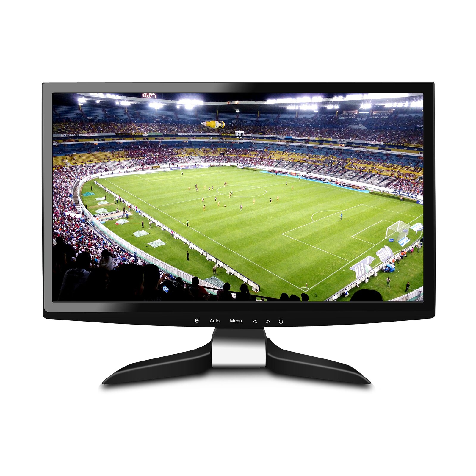 Zdjęcie przedstawia telewizor. Na jego ekranie widoczny mecz piłki nożnej na stadionie. Na murawie piłkarze, trybuny pełne od kibiców.