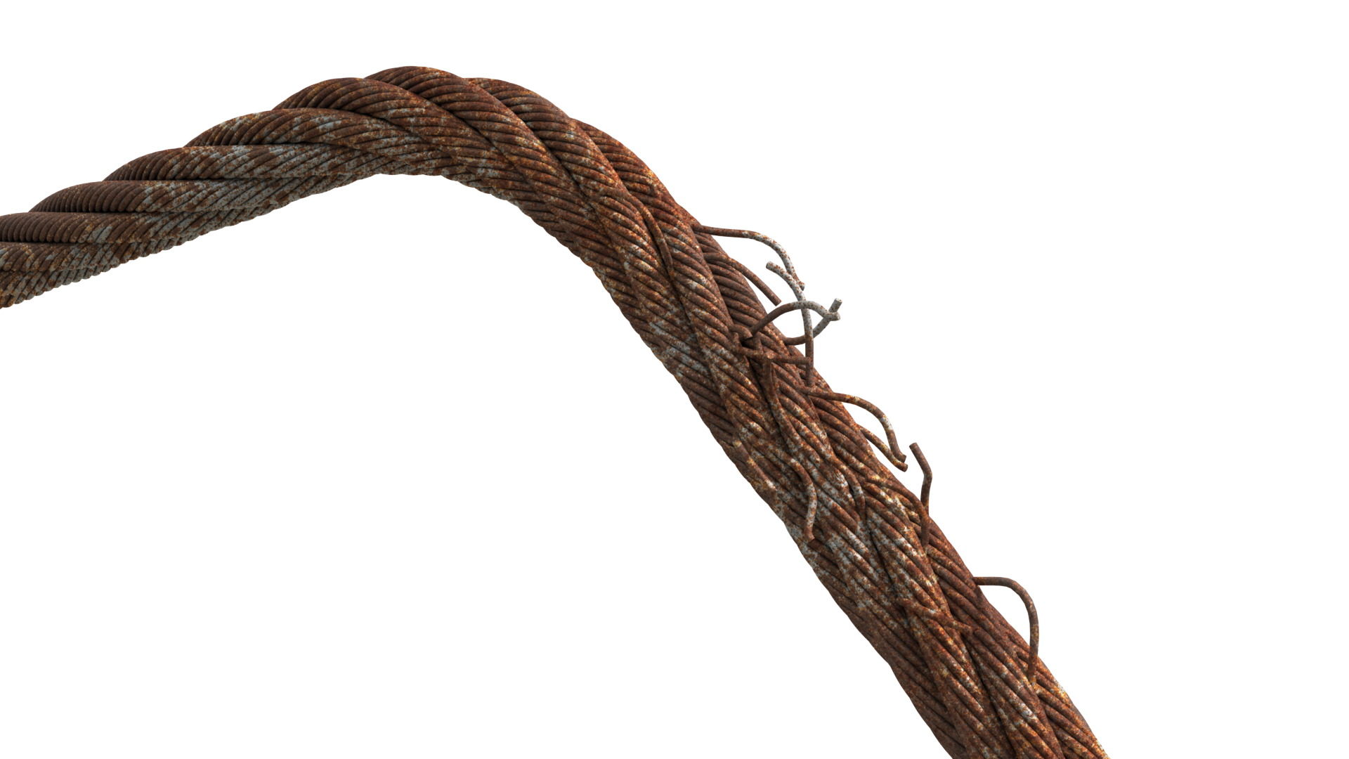 Na zdjęciu przedstawiony jest fragment zawiesia z pękniętymi drutami splotkowymi oraz przetarciami. Podstawą zawiesia jest stalowa lina. Splotki liny nachodzą na siebie tworząc strukturę zbliżoną do warkocza. Na widocznym fragmencie liny pojedyncze splotki wystają z warkocza. Wystające splotki mają przerwaną ciągłość. Całość liny pokryta jest rdzą.