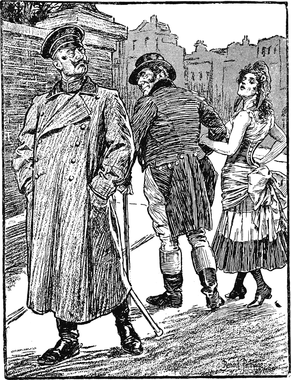 Ilustracja przedstawia trzy postacie. Z prawej strony kobieta w sukience z falbanami trzyma pod ramię mężczyznę we fraku i kapeluszu. Oboje patrzą z wyniosłością w lewą stronę na trzeciego mężczyznę. Odwraca on od nich wzrok. Ubrany jest w płaszcz. Trzyma ręce w kieszeniach. W tle są zarysy budynków.