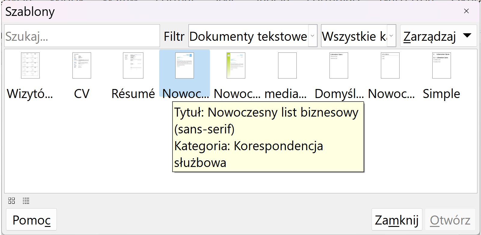 Zrzut okna "Szablony" z procesu tworzenia dokumentu na podstawie szablonu w programie LibreOffice Writer. W prawym górnym rogu znajduje się pasek wyszukiwania. Po prawej, z menu Szablonów wybrany jest filtr Dokumenty tekstowe oraz Wszystkie kategorie.  W głównej części okna znajdują się przykładowe szablony: Wizytówka z logo, CV, Resume, Nowoczesny list biznesowy (sans‑serif) i (serif) z kategorii Korespondencja służbowa, mediawiki, Domyślny oraz Simple. U dołu w prawym rogu znajdują się ustawienia widoku i pomoc, a w lewym rogu u góry lista rozwijana Zarządzaj.