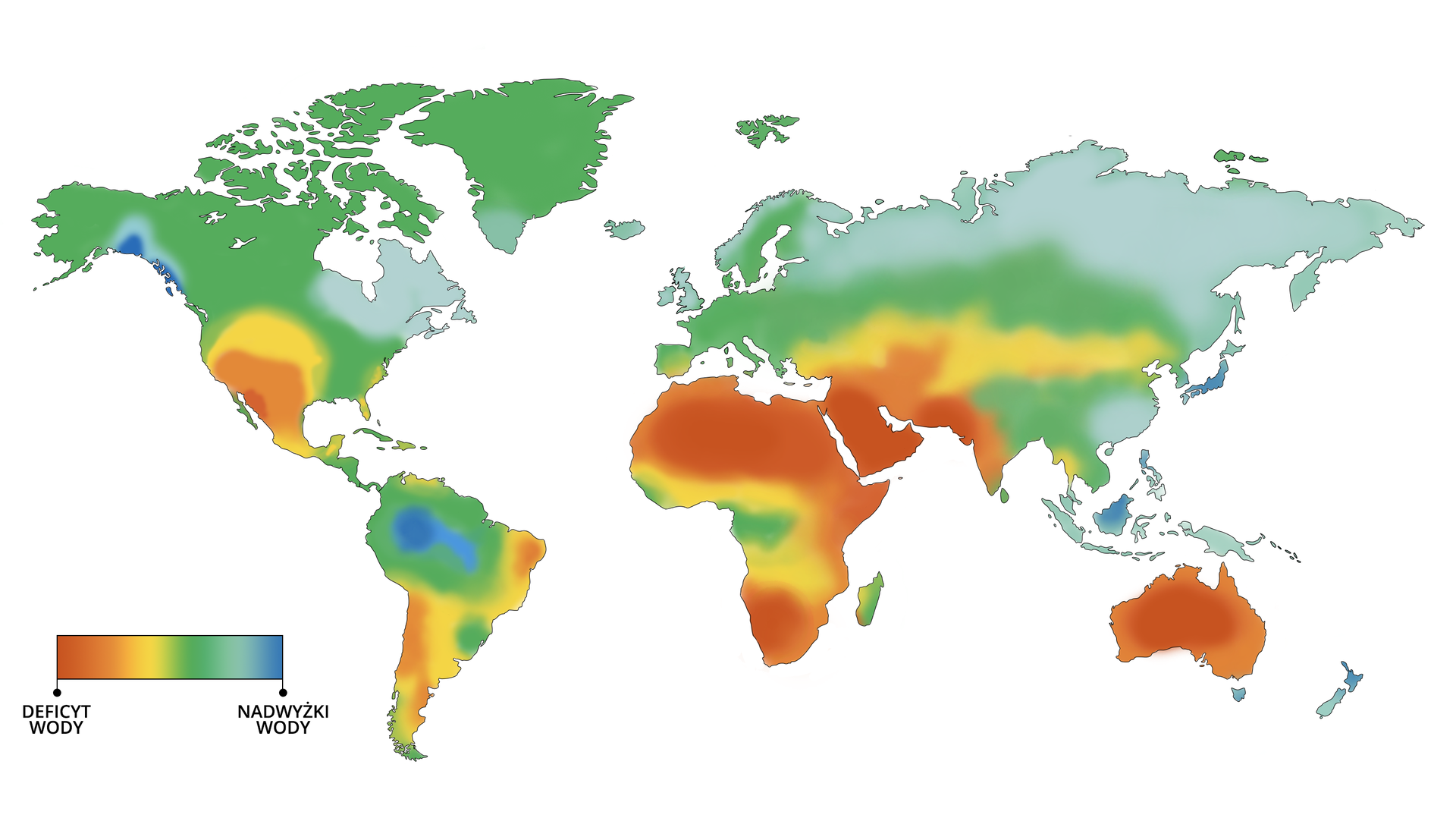 Na mapie świata zaznaczono obszary występowania niedoboru i nadwyżek wody na Ziemi. Nadwyżki wody dotyczą niewielkich obszarów na mapie: północno-zachodniej części Ameryki Północnej, obszaru w centralne części Niziny Amazonki, na Borneo, w części Japonii, na Tasmanii. Stosunkowo dobrze wyglądają także obszary na wschodzie Ameryki Północnej (Kanada), północna część Europy i Azji, wschodnia część Chin, Indonezja, Nowa Zelandia. Obszary z dużym deficytem wody: południowa część USA, zachodnia, wschodnia i południowa część Ameryki Południowej, południe i północ Afryki, Półwysep Arabski, południowo-zachodnia Azja, Australia. W środku skali pomiędzy deficytem wody a nadwyżką zaznaczono obszary: północną, południowo-wschodnią część Ameryki Północnej, Grenlandię, północną część Ameryki Południowej oraz jest południowe krańce, niewielki obszar na zachodzie Afryki, znaczną część Europy z wyjątkiem deficytu wody w południowo-wschodniej Hiszpanii, pas przechodzący z zachodu na wschód Azji, obszar Himalajów.   
