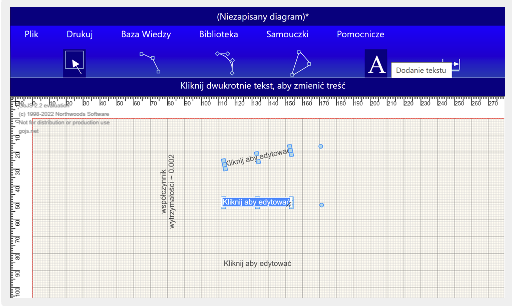 Ilustracja przedstawia stronę startową programu komputerowego. Znajdują się tam przyciski menu: plik, drukuj, baza wiedzy, biblioteka, samouczki, pomocnicze. Poniżej zaznaczona jest opcja Dodanie tekstu. Poniżej w obszarze rysowania znajdują się trzy pola z napisem kliknij aby edytować.