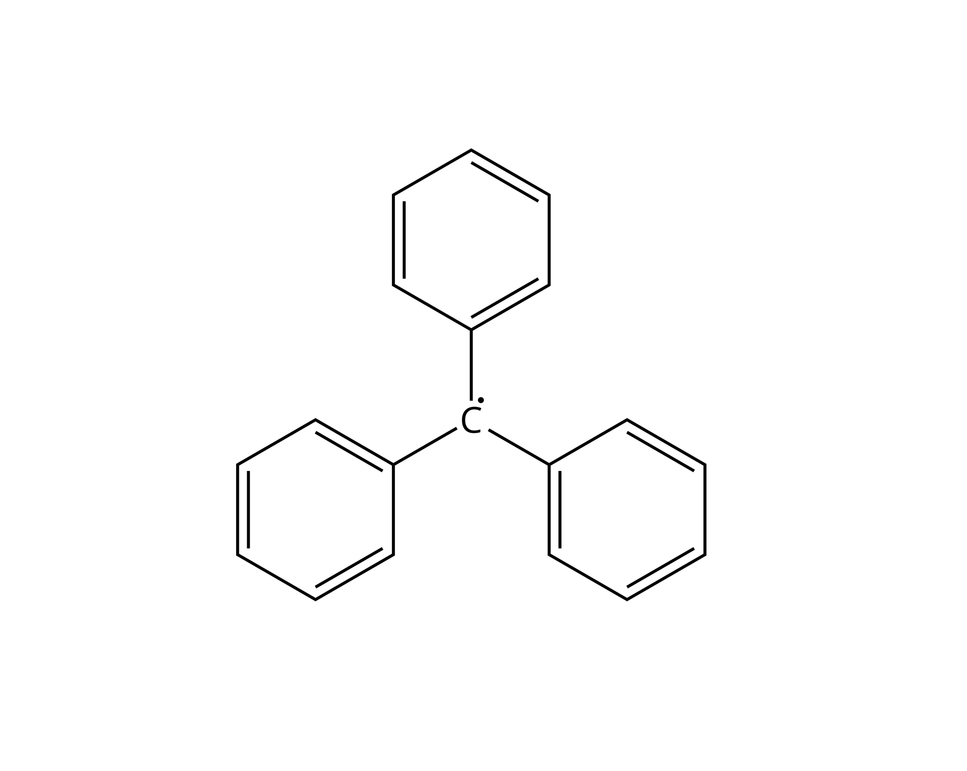 Ilustracja przedstawiająca strukturę rodnika trifenylometylowego, który to zbudowany jest z atomu węgla C posiadającego jeden niesparowany elektron zaznaczony jako kropka. Atom ten połączony jest z trzema pierścieniami fenylowymi, to jest sześcioczłonowymi pierścieniami aromatycznymi, które przedstawiono jako sześciokąty, których naroża stanowią atomy węgla, które połączone są trzema wiązaniami podwójnymi (co drugie wiązania) oraz trzema pojedynczymi. 