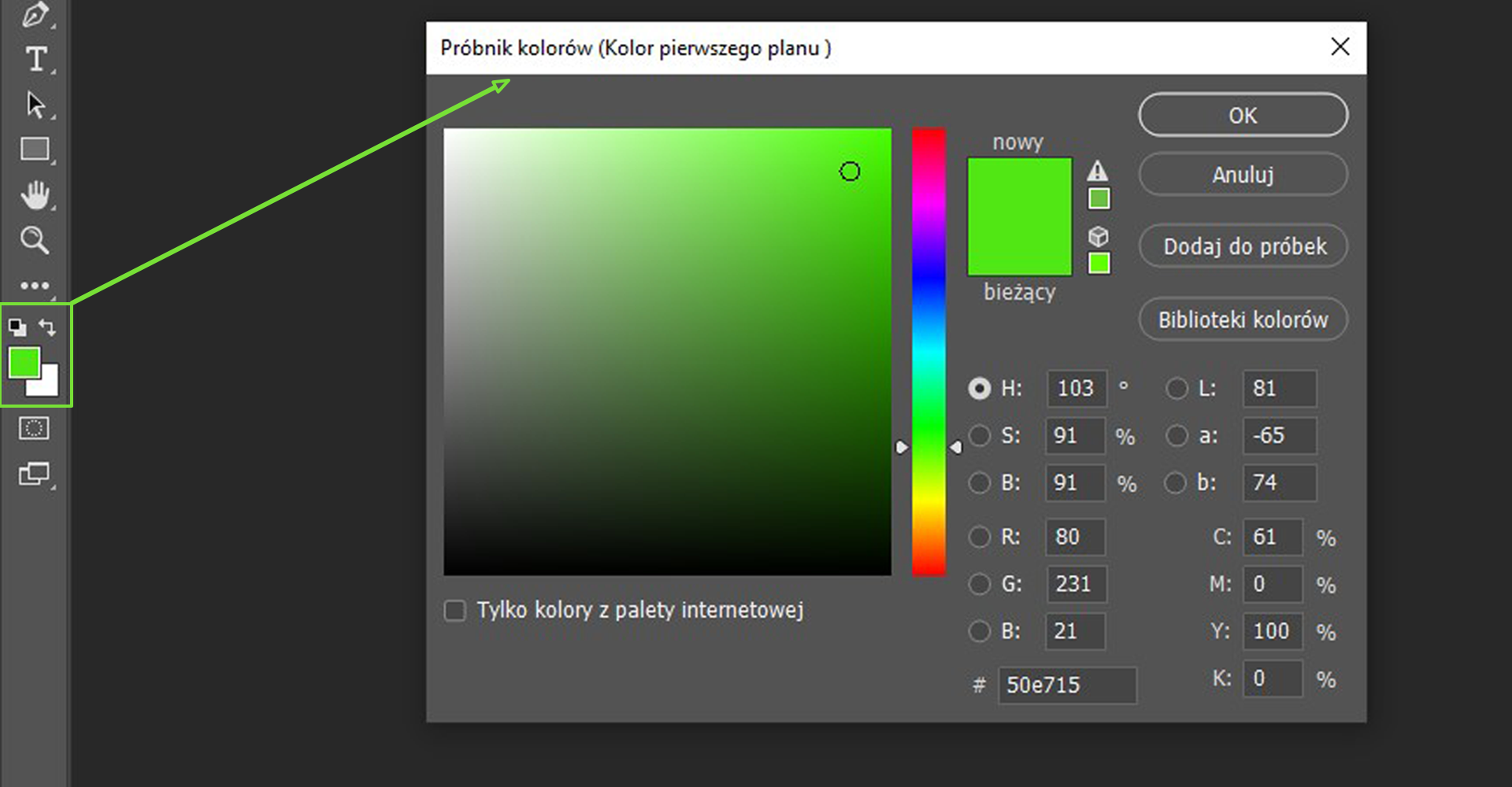 Ilustracja przedstawia okno programu. Z menu bocznego wybrano ikonę dwóch kwadratów. Kwadrat zielony jest pierwszoplanowy, biały drugoplanowy. W obszarze roboczym jest okno o nazwie: Próbnik kolorów (Kolor pierwszego planu). Tam w obszarze kwadratowym odcienie zielonego. W prawym górnym rogu jest mały czarny okrąg. Obok niego ikona ze znakiem wykrzyknika. 