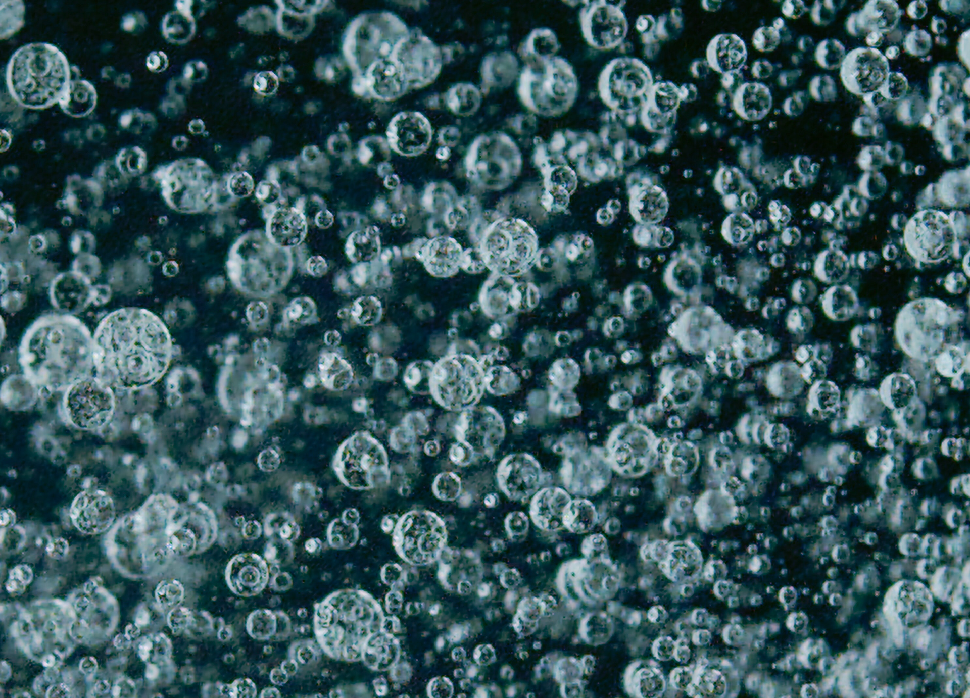 Zdjęcie przedstawia zbliżenie na spadające kuliste krople wody, które nakładają się na siebie i dają wrażenie trójwymiarowości. Krople mają różną wielkość, a w ich środku widoczne są drobne pęcherzyki.