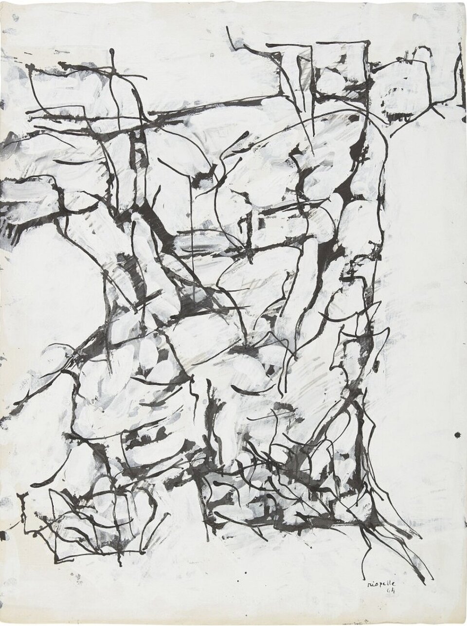 ilustracja przedstawia nienazwaną pracę Jean‑Paul Riopelle [czytaj: żą‑pol rjopel]. Rysunek został wykonany w stylu abstrakcyjnym i przypomina fragment muru wykonanego z kamieni. Rysunek charakteryzuje się zróżnicowaną linią o różnej grubości, intensywności oraz różnej głębi szarości. Linie składają się na kompozycję przedstawiającą zarys kamieni, a częstotliwość ich położenia jest wzmożona u dołu pracy, imitując mniejsze kamienie o bardziej intensywnej strukturze. 
