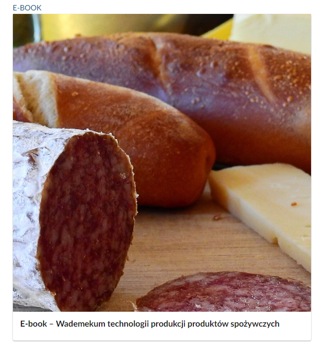 Widok okładki e‑booka. Na zdjęciu widoczne jest duże pęto kiełbasy, plaster żółtego sera oraz dwa wąskie chleby. Pod zdjęciem znajduje się napis: E‑book – Wademekum technologii produktów spożywczych.