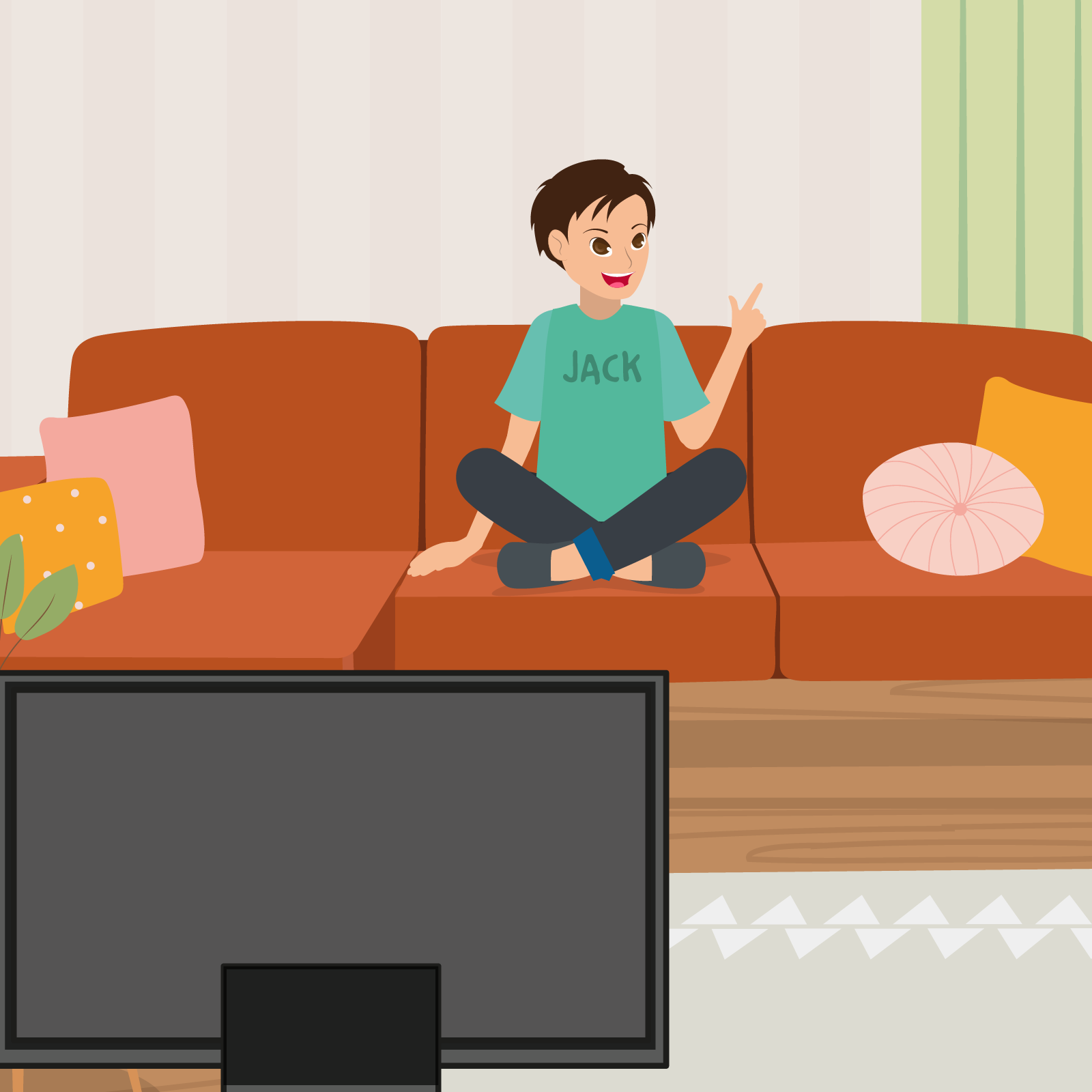 Ilustracja przedstawia siedzącego po turecku Jacka na sofie. Przed sofą stoi telewizor. 