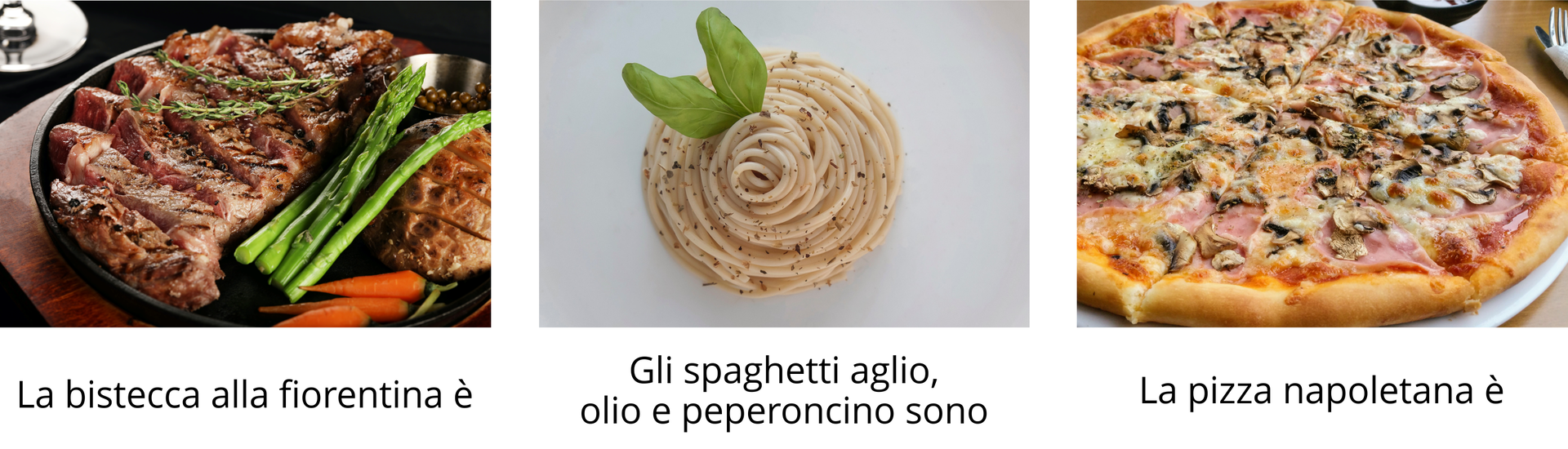 Zdjęcie przedstawia kolaż trzech potraw. Na zdjęciu po lewej znajduje się talerz z daniem mięsnym podpisane: La bistecca alla fiorentina è. Na środkowym znajduje się danie z makaronem podpisane: Gli spaghetti aglio, olio e peperoncino sono. Na zdjęciu po prawej znajduje się talerz z pizzą. Zdjęcie podpisane: La pizza napoletana è.