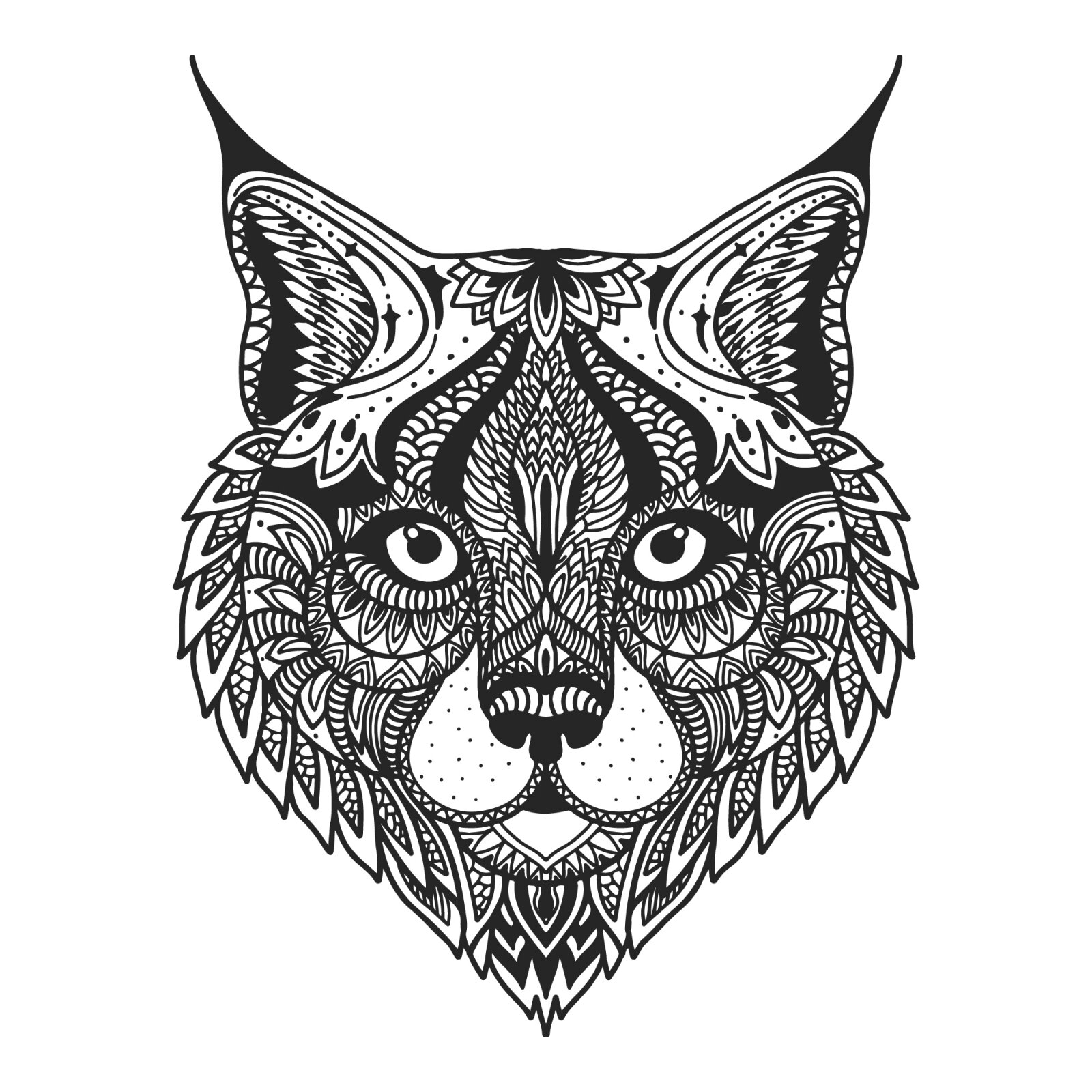 Grafika przedstawia przykładową grafikę wektorową wykonana w programie graficznym CorelDRAW. Widoczny jest graficznie przedstawiony pysk zwierzęcia, z wpisanymi w niego różnymi wzorami: kratkami, listkami, kropkami, łezkami.