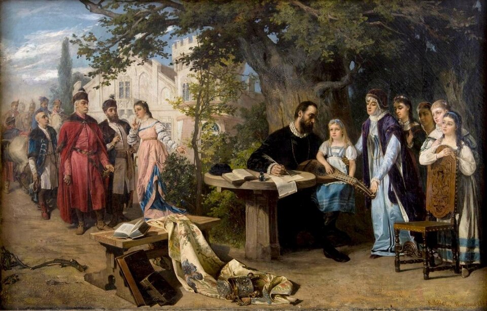 Obraz przedstawia scenę zbiorową w ogrodzie przed dworem. Pod ogromnym drzewem, z prawej strony obrazu, znajduje się rodzina z dziećmi. Przy stoliku siedzi dojrzały mężczyzna. Nosi czarny strój, ma ciemne włosy oraz długą brodę. Prawą ręką pisze piórem na kartce. Na kolanach trzyma małą dziewczynkę o blond włosach w niebiesko‑białej sukience. Dziewczynka gra na lutni. Obok stoi grupa pięciu kobiet w długich sukniach. Jedna, najstarsza, dotyka dziewczynki i podtrzymuje jej lutnię. Cztery pozostałe, to młode dziewczyny, jedna z nich opiera się o oparcie drewnianego krzesła. Przy stoliku stoi drewniana ławka, na której leży otwarta książka i kawałek wzorzystego materiału. Pod ławką ułożono dwie grube księgi. Po lewej stronie obrazu znajduje się grupa mężczyzn. Idą ścieżką w kierunku rodziny. Mężczyźni noszą żupany i kontusze oraz czapki z futra ozdobione piórami. Drogę pokazuje im młoda dziewczyna w różowej sukni z niebieskimi dodatkami, która wskazuje lewą ręką w stronę rodziny znajdującej się pod drzewem. Przodem idzie starszy mężczyzna z siwymi włosami i wąsami, w czerwonym żupanie i kontuszu, przy boku ma szablę, a na głowie futrzaną czapkę z piórkiem. Obok drugi mężczyzna, jest o wiele młodszy, ma brązowe włosy i bujną brodę. Również nosi kontusz i czapkę z piórkiem, na ramionach ma narzucone futro. Za nimi kroczą słudzy, jest ich sześciu. Jeden jedzie na białym koniu. 