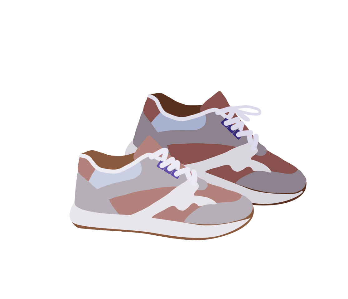 Ilustracja przedstawia sportowe, kolorowe buty z białymi sznurówkami.