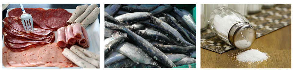 Trzy zdjęcia. Przedstawiają kolejno: pokrojone w plasterki różne wędliny na talerzu, martwe ryby w plastikowym pojemniku, wysypującą się sól z leżącej solniczki.   