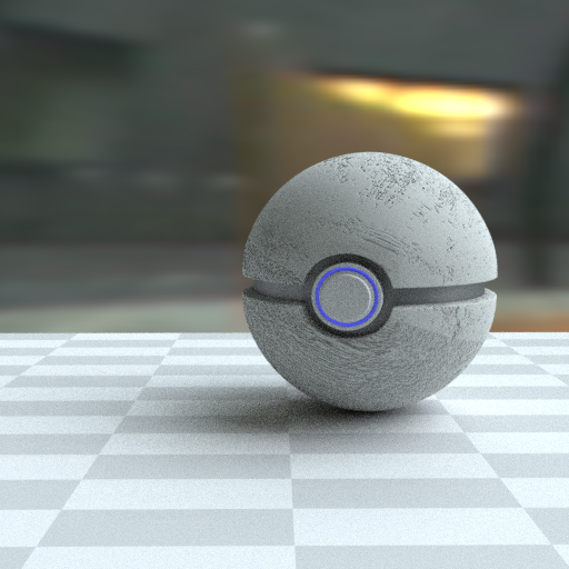 Render przedstawia kulę stojącą na szaro‑białej szachownicy.  Kula ta to pokeball stworzony z chropowatego, szarego materiału nie odbijającego światła przypominającego gips.  Na środku pokeballa znajduje się niebieski okrąg.